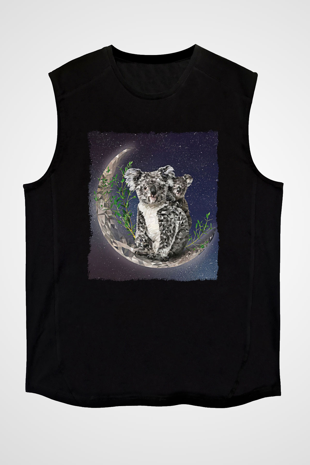 Koala Baskılı Unisex Siyah Kolsuz Tişört - Tshirt