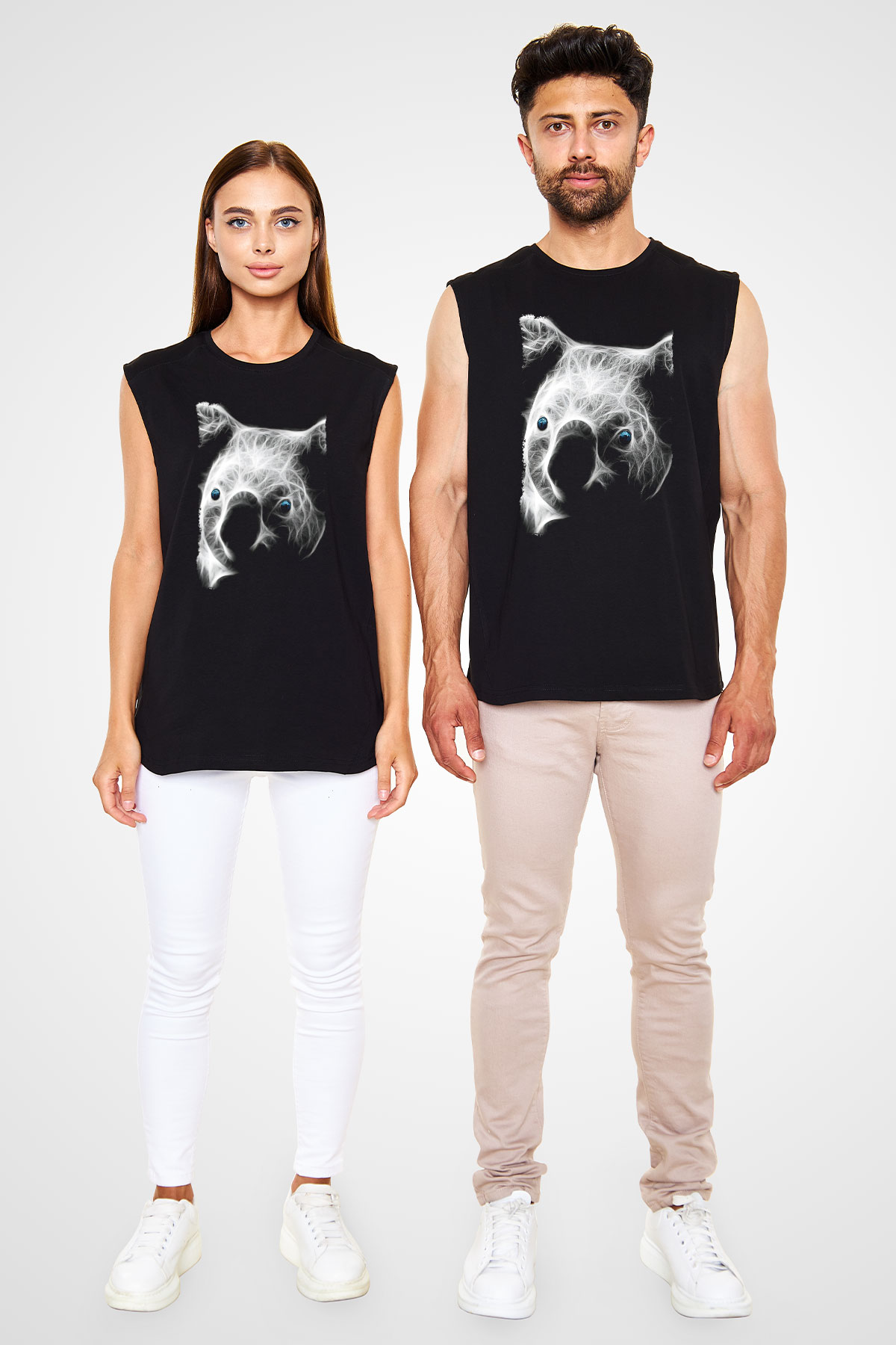Koala Baskılı Unisex Siyah Kolsuz Tişört - Tshirt
