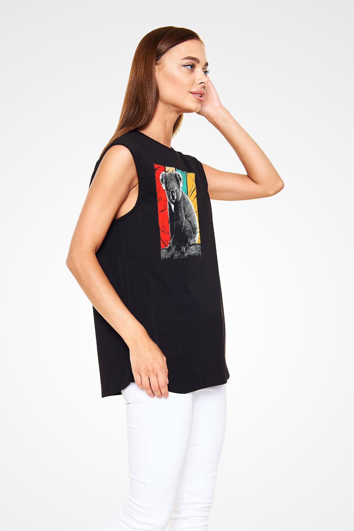 Koala Baskılı Unisex Siyah Kolsuz Tişört - Tshirt