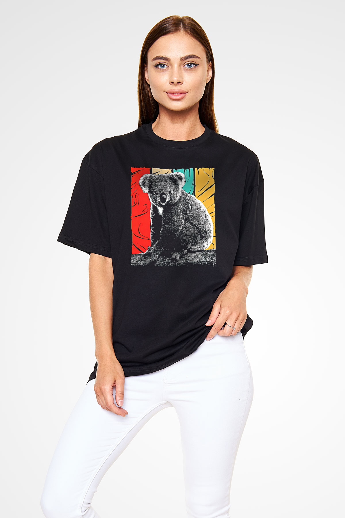 Koala Baskılı Unisex Siyah Oversize Tişört - Tshirt