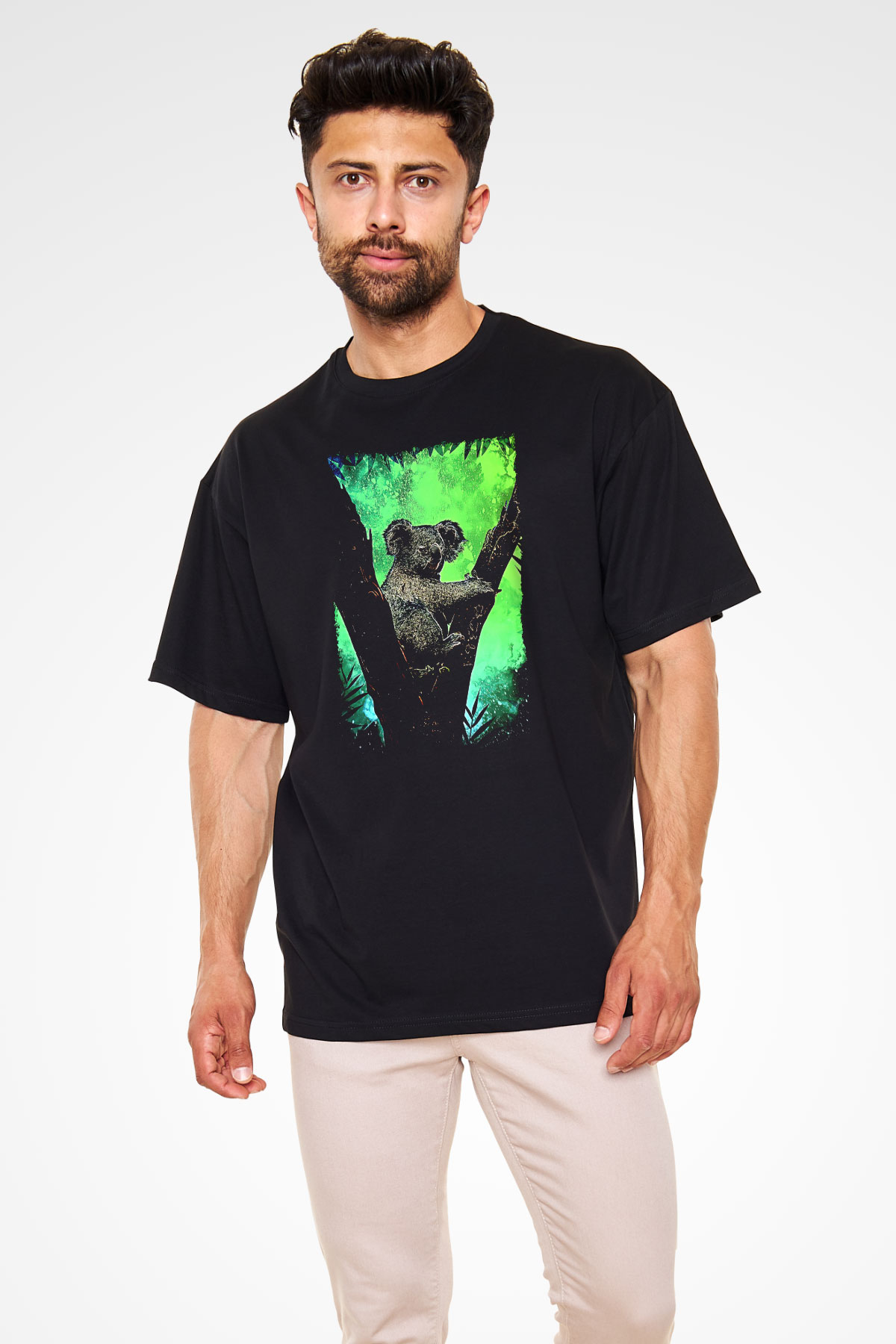 Koala Baskılı Unisex Siyah Oversize Tişört - Tshirt