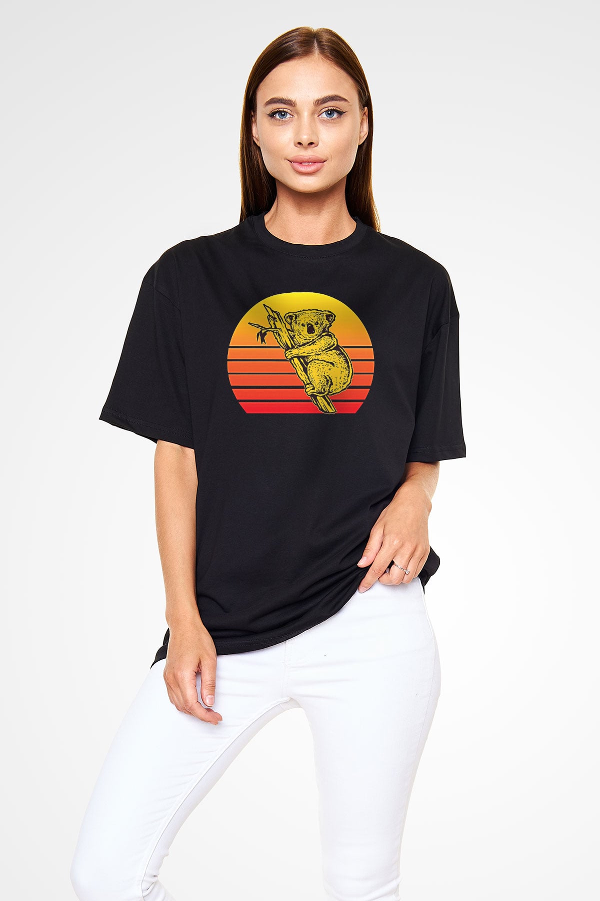 Koala Baskılı Unisex Siyah Oversize Tişört - Tshirt
