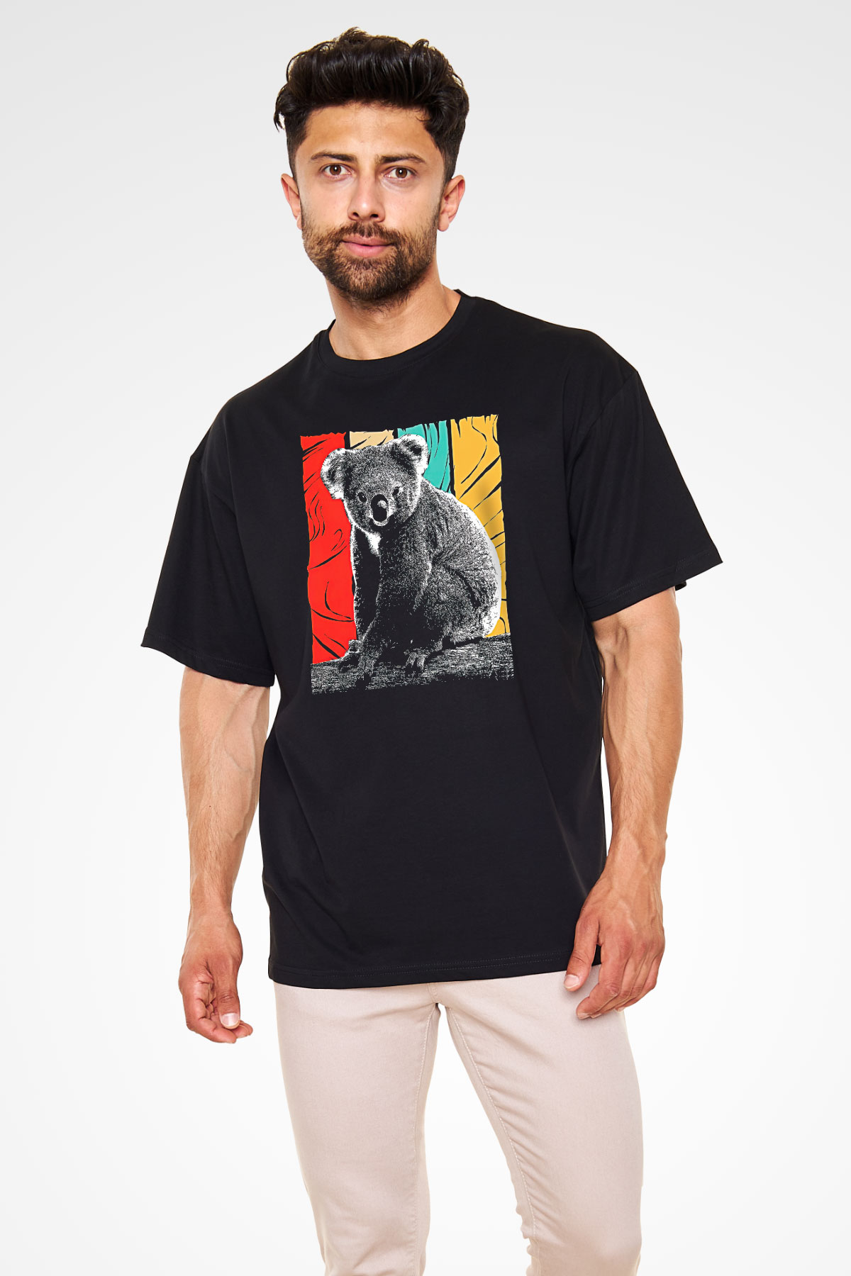 Koala Baskılı Unisex Siyah Oversize Tişört - Tshirt