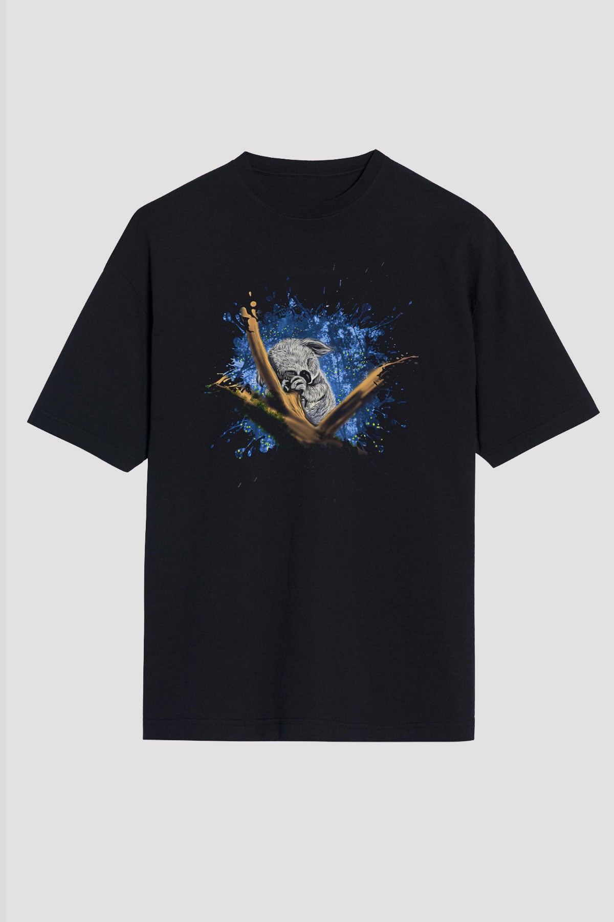 Koala Baskılı Unisex Siyah Oversize Tişört - Tshirt