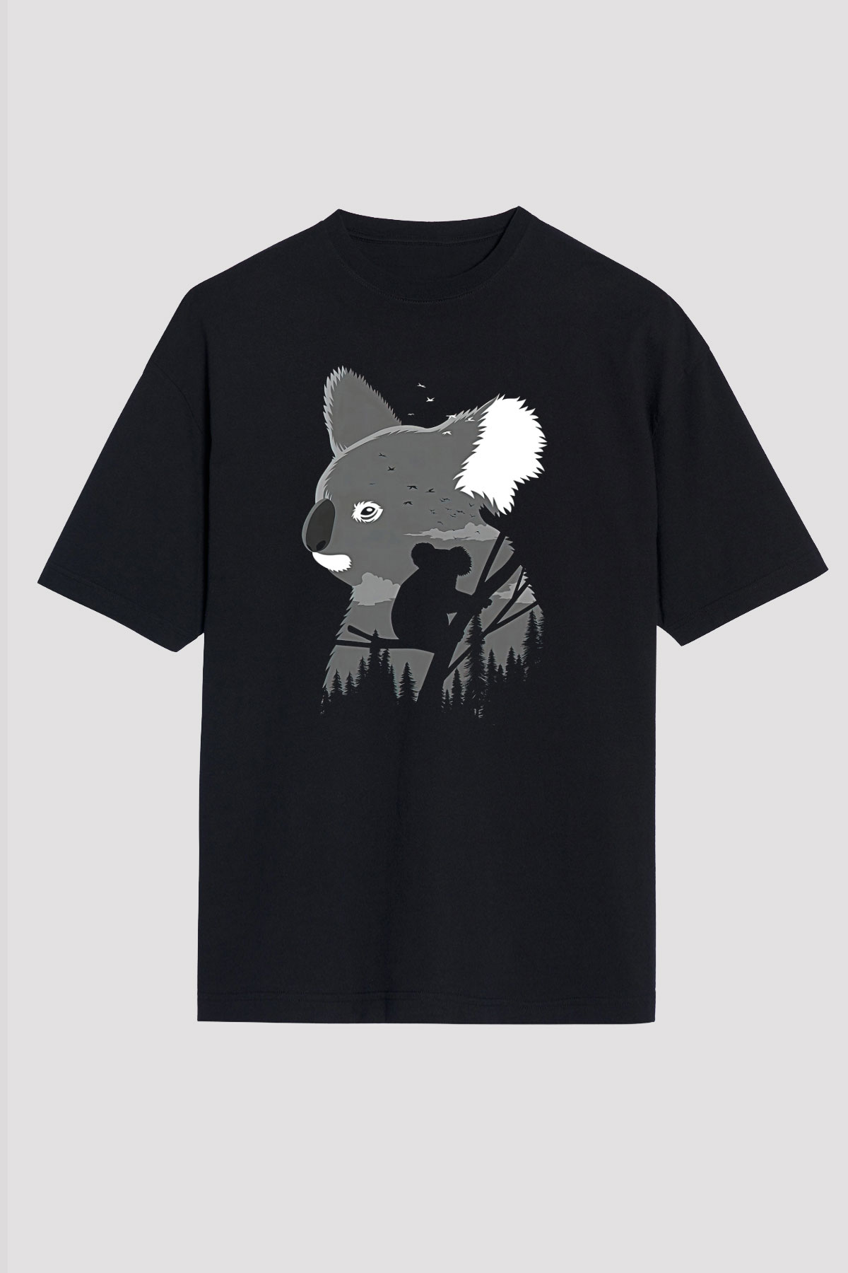 Koala Baskılı Unisex Siyah Oversize Tişört - Tshirt