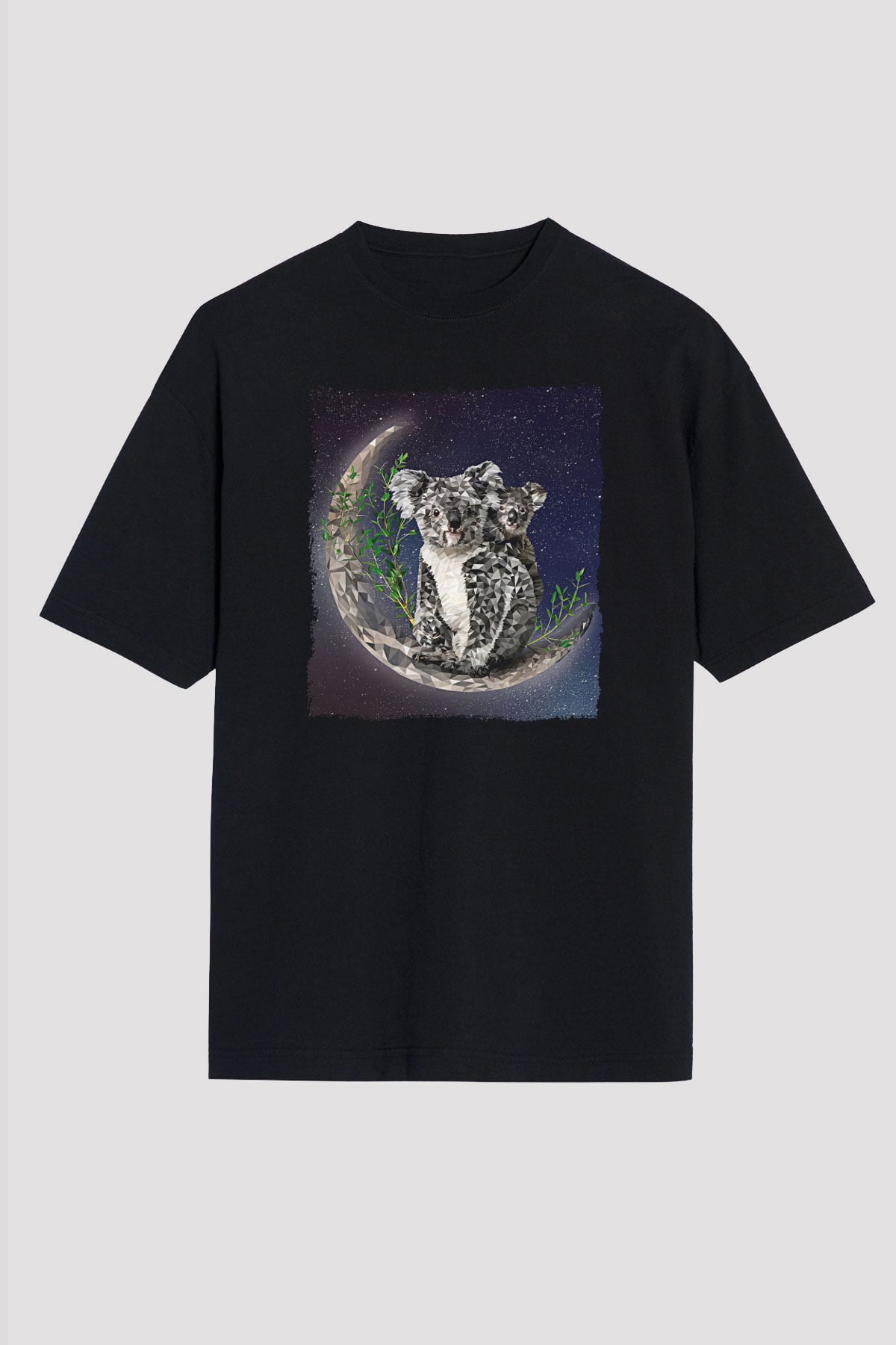 Koala Baskılı Unisex Siyah Oversize Tişört - Tshirt