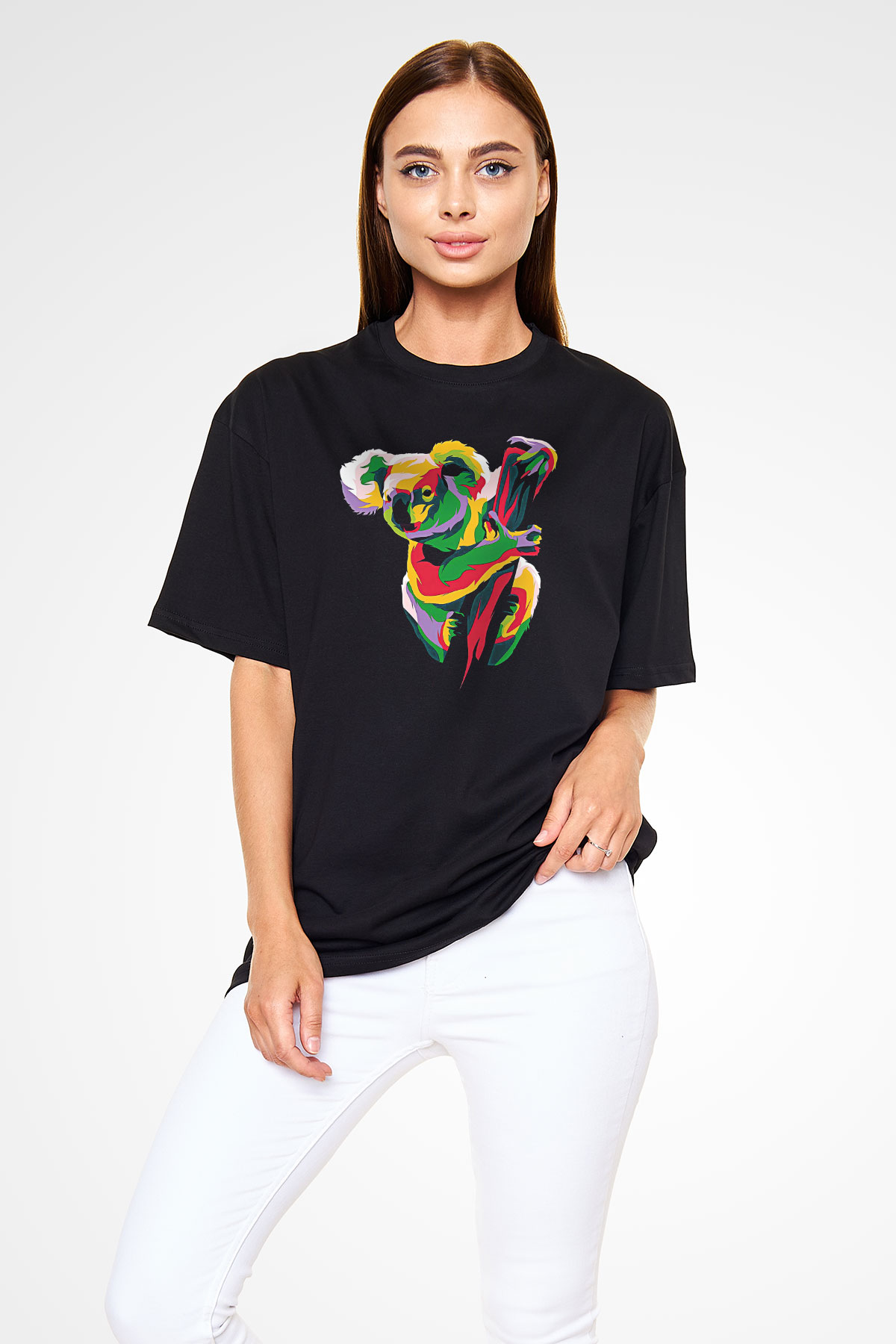 Koala Baskılı Unisex Siyah Oversize Tişört - Tshirt