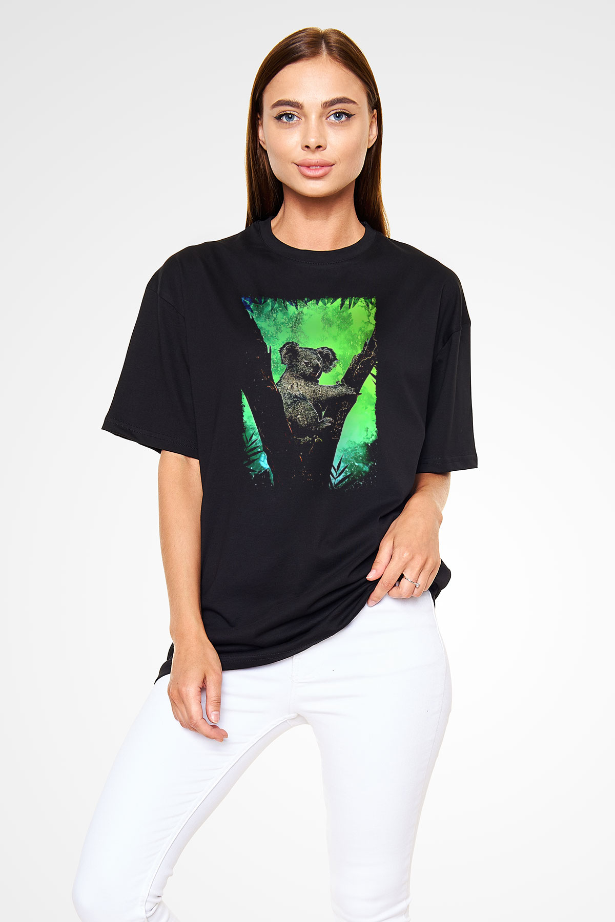 Koala Baskılı Unisex Siyah Oversize Tişört - Tshirt