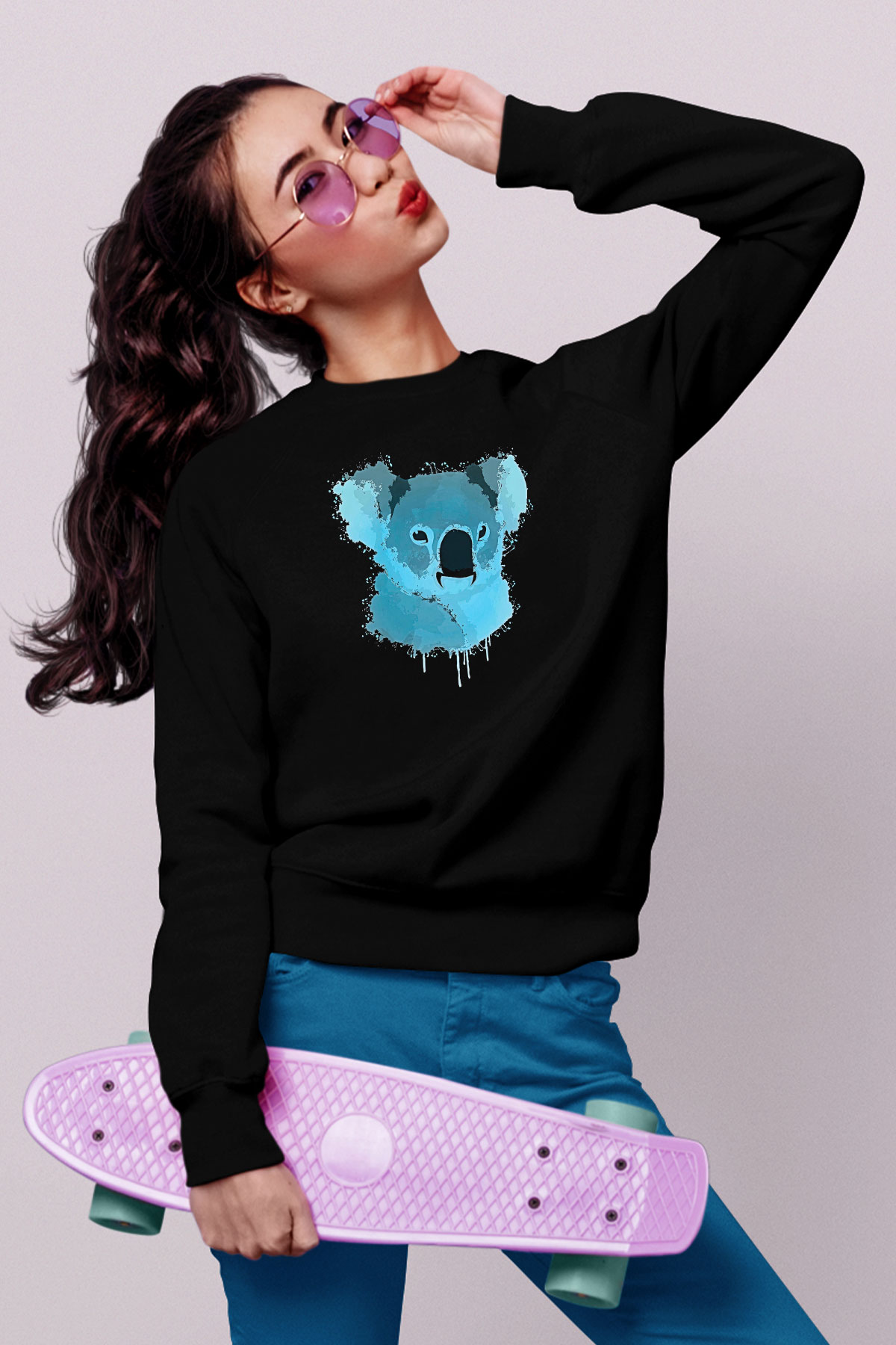 Koala Baskılı Unisex Siyah Sweatshirt