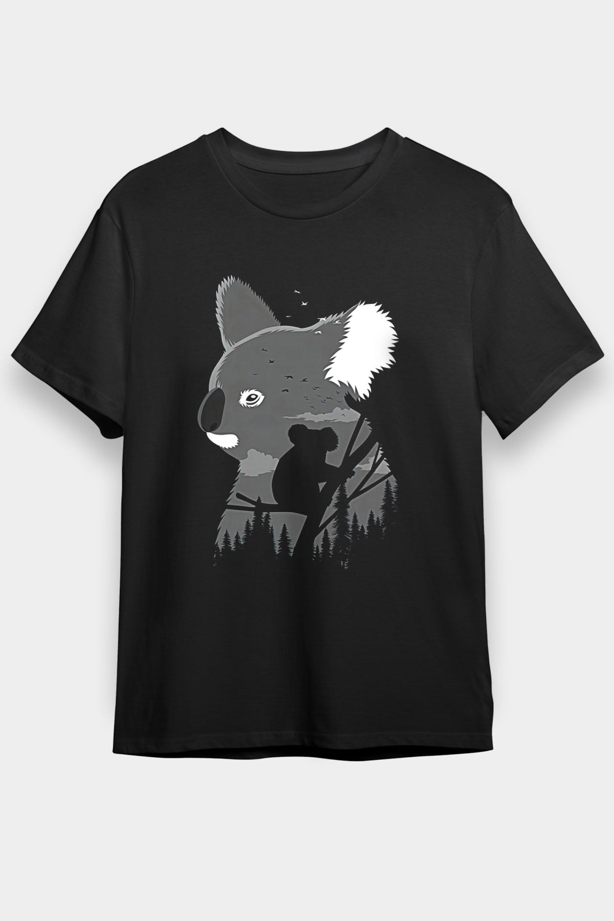 Koala Baskılı Unisex Siyah Tişört - Tshirt