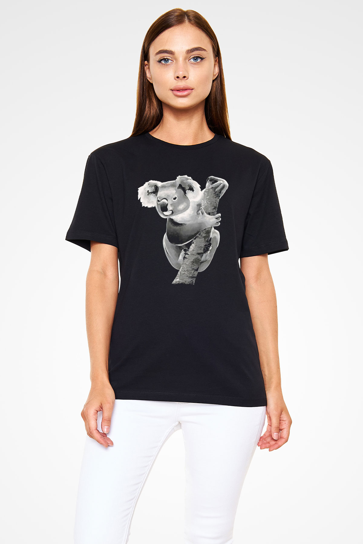 Koala Baskılı Unisex Siyah Tişört - Tshirt