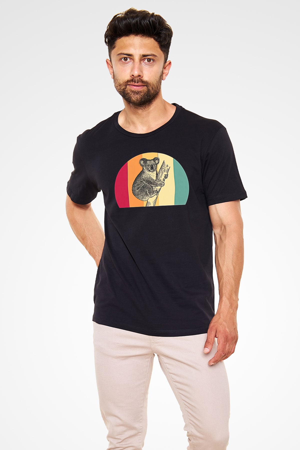 Koala Baskılı Unisex Siyah Tişört - Tshirt