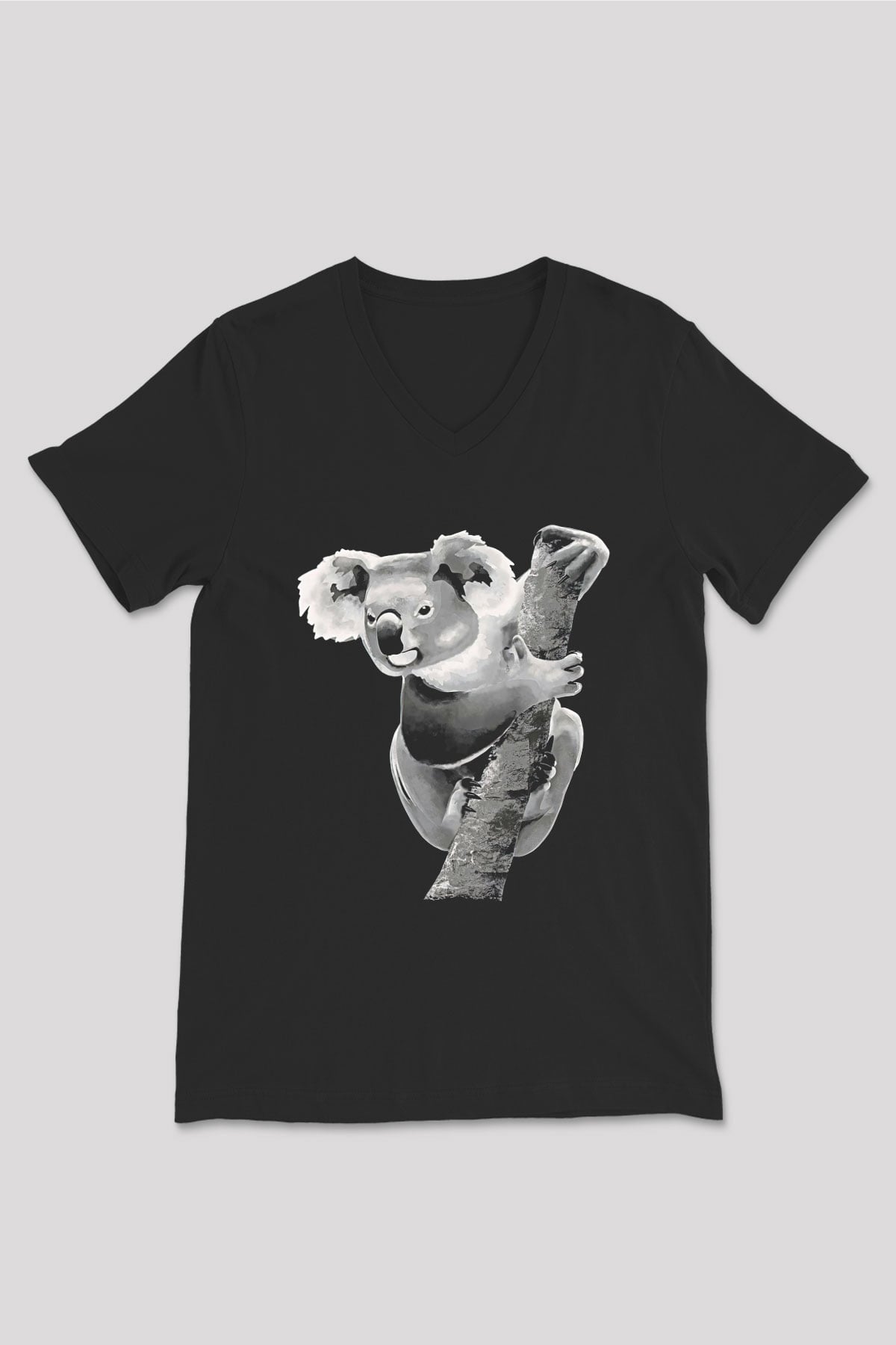 Koala Baskılı Unisex Siyah V Yaka Tişört - Tshirt