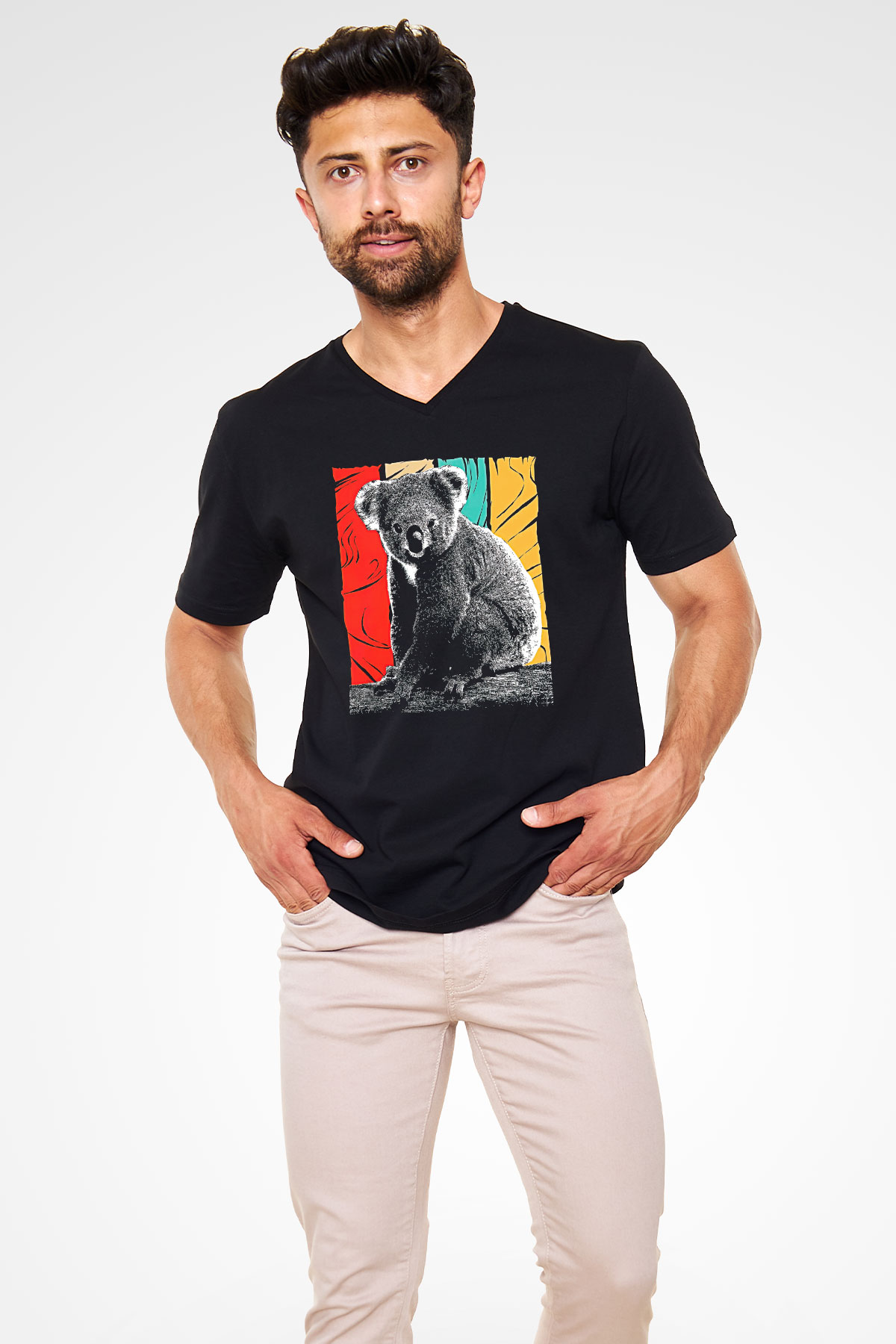 Koala Baskılı Unisex Siyah V Yaka Tişört - Tshirt