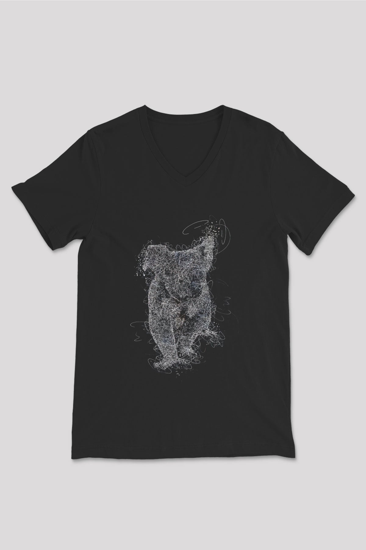 Koala Baskılı Unisex Siyah V Yaka Tişört - Tshirt