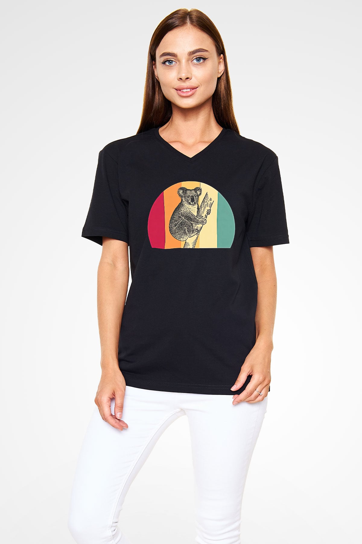 Koala Baskılı Unisex Siyah V Yaka Tişört - Tshirt
