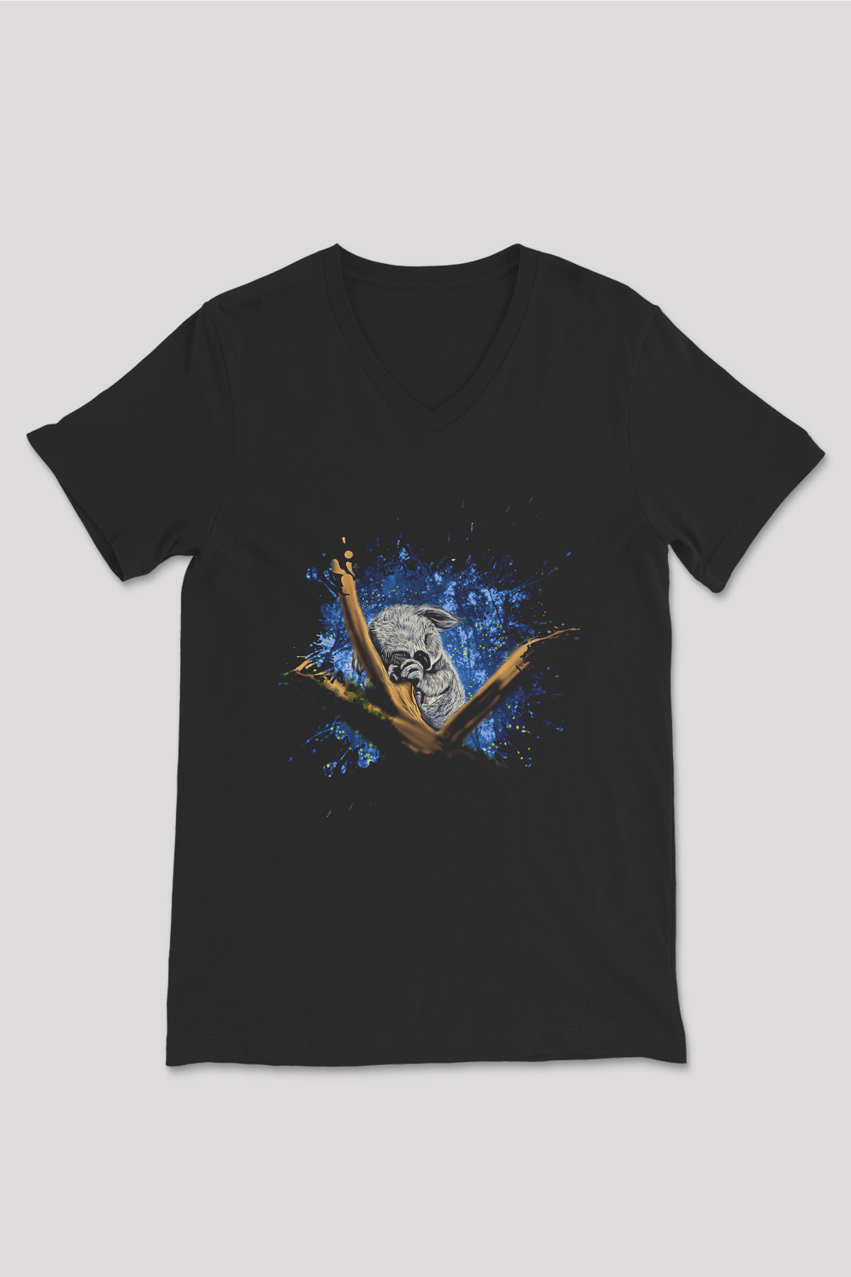 Koala Baskılı Unisex Siyah V Yaka Tişört - Tshirt