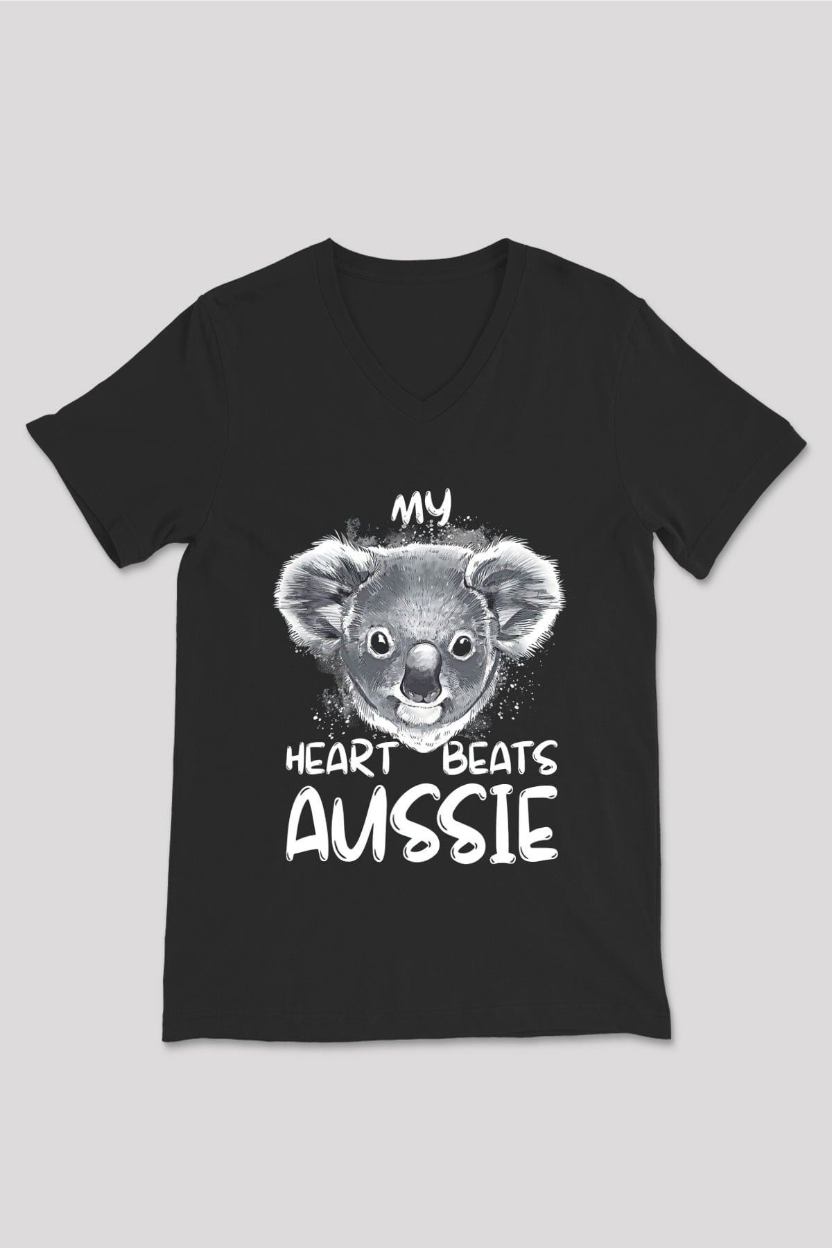 Koala Baskılı Unisex Siyah V Yaka Tişört - Tshirt