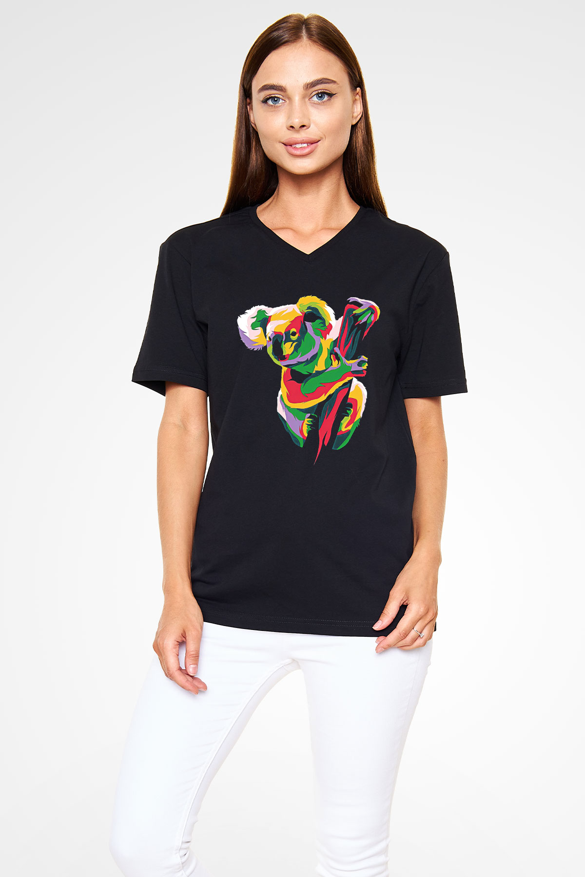 Koala Baskılı Unisex Siyah V Yaka Tişört - Tshirt