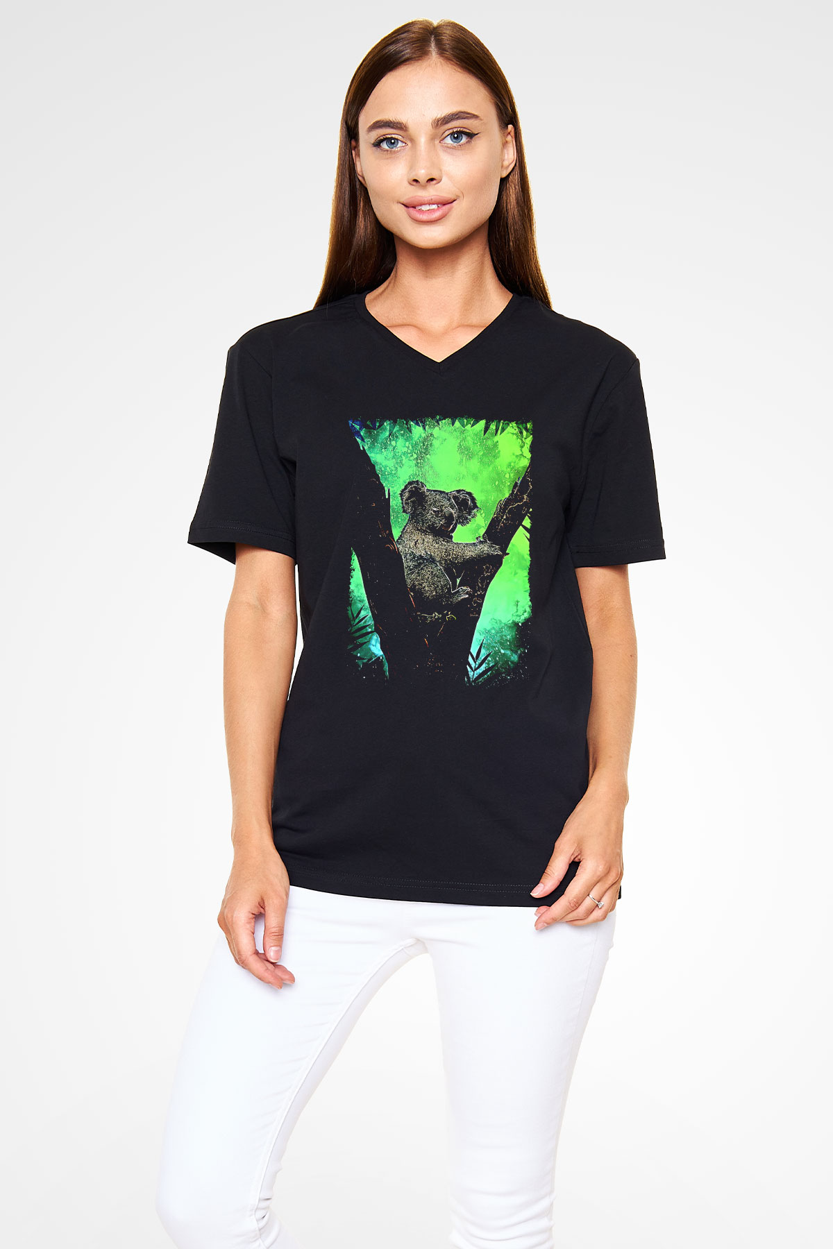 Koala Baskılı Unisex Siyah V Yaka Tişört - Tshirt