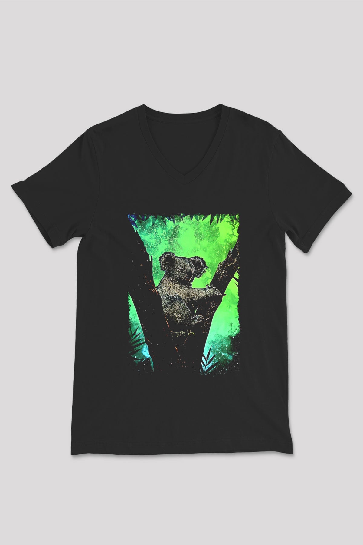 Koala Baskılı Unisex Siyah V Yaka Tişört - Tshirt