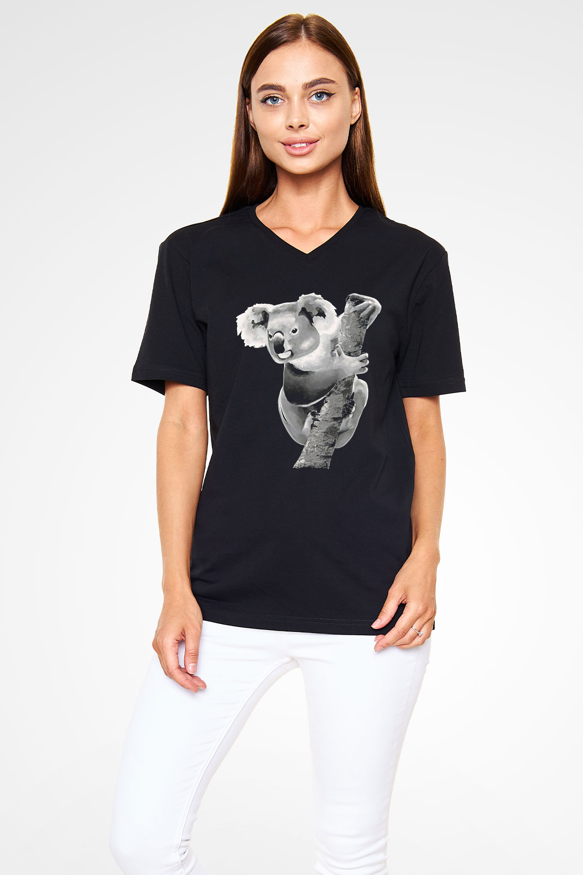 Koala Baskılı Unisex Siyah V Yaka Tişört - Tshirt