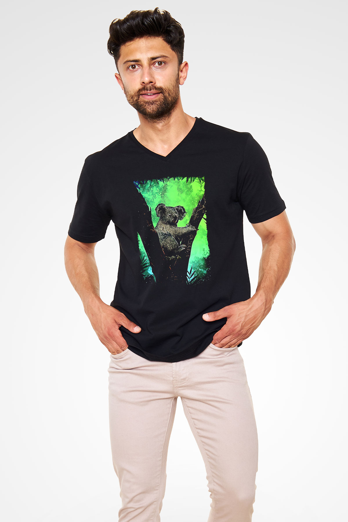 Koala Baskılı Unisex Siyah V Yaka Tişört - Tshirt