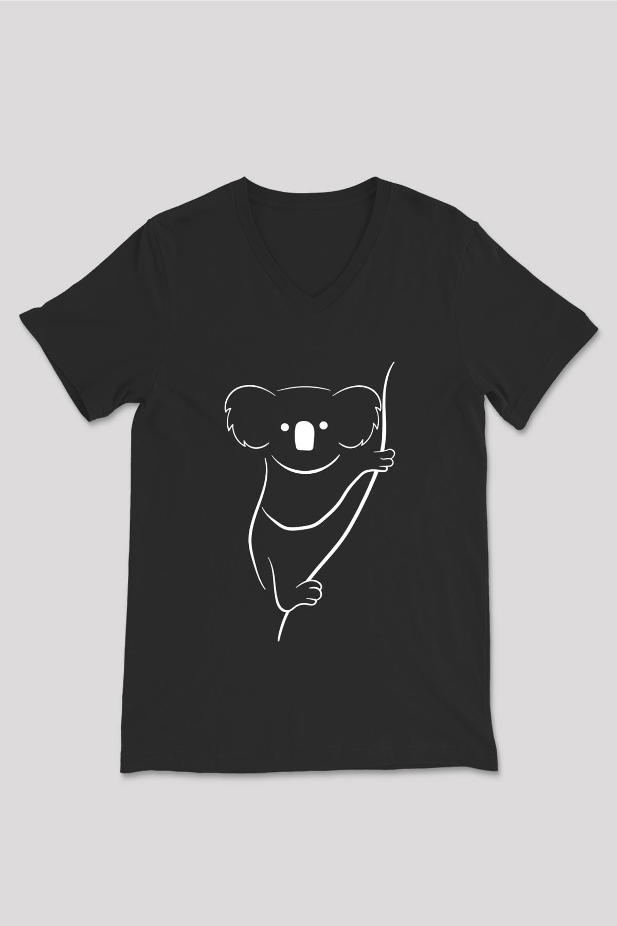 Koala Baskılı Unisex Siyah V Yaka Tişört - Tshirt