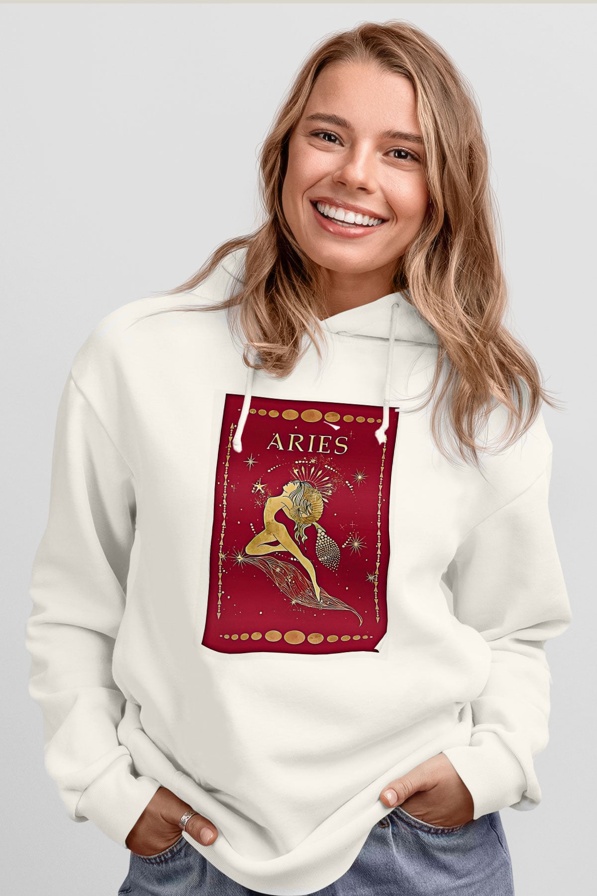 Koç Burcu Baskılı Beyaz Unisex Hoodie