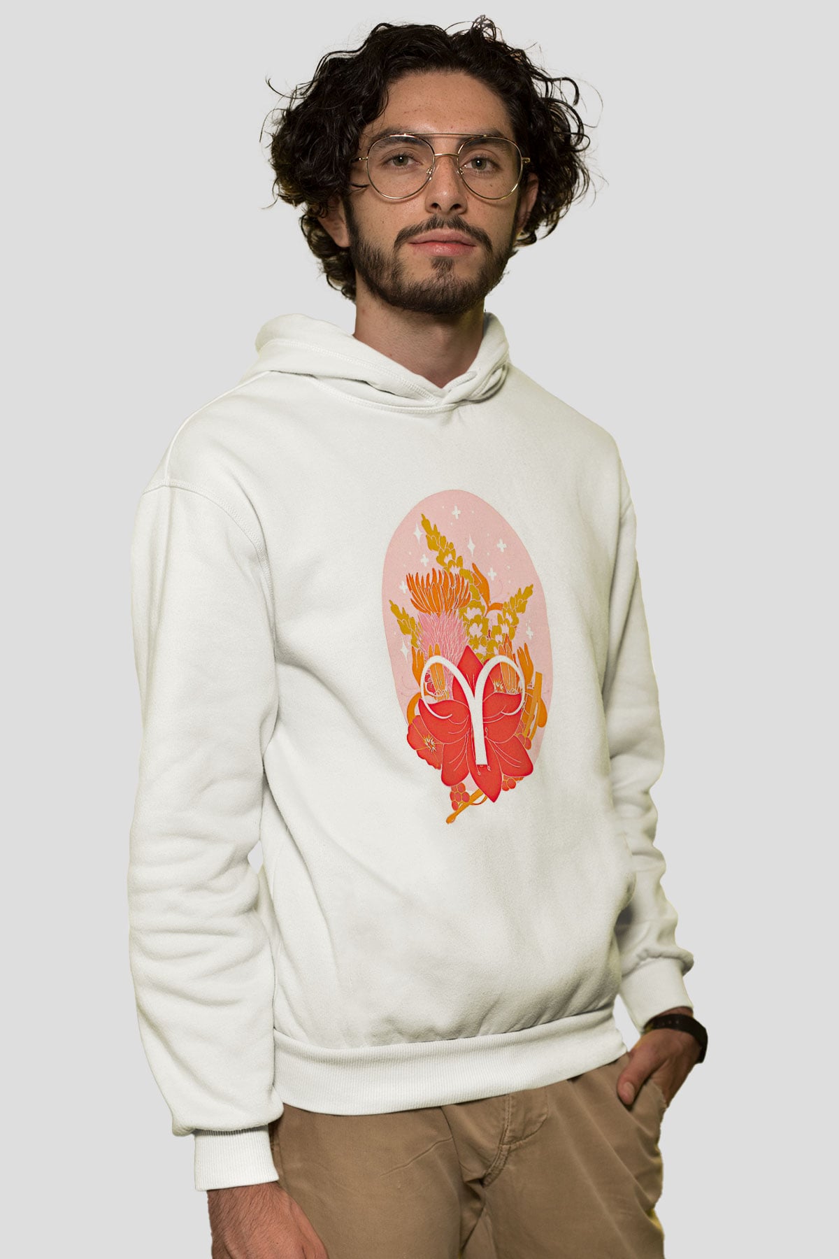 Koç Burcu Baskılı Beyaz Unisex Hoodie