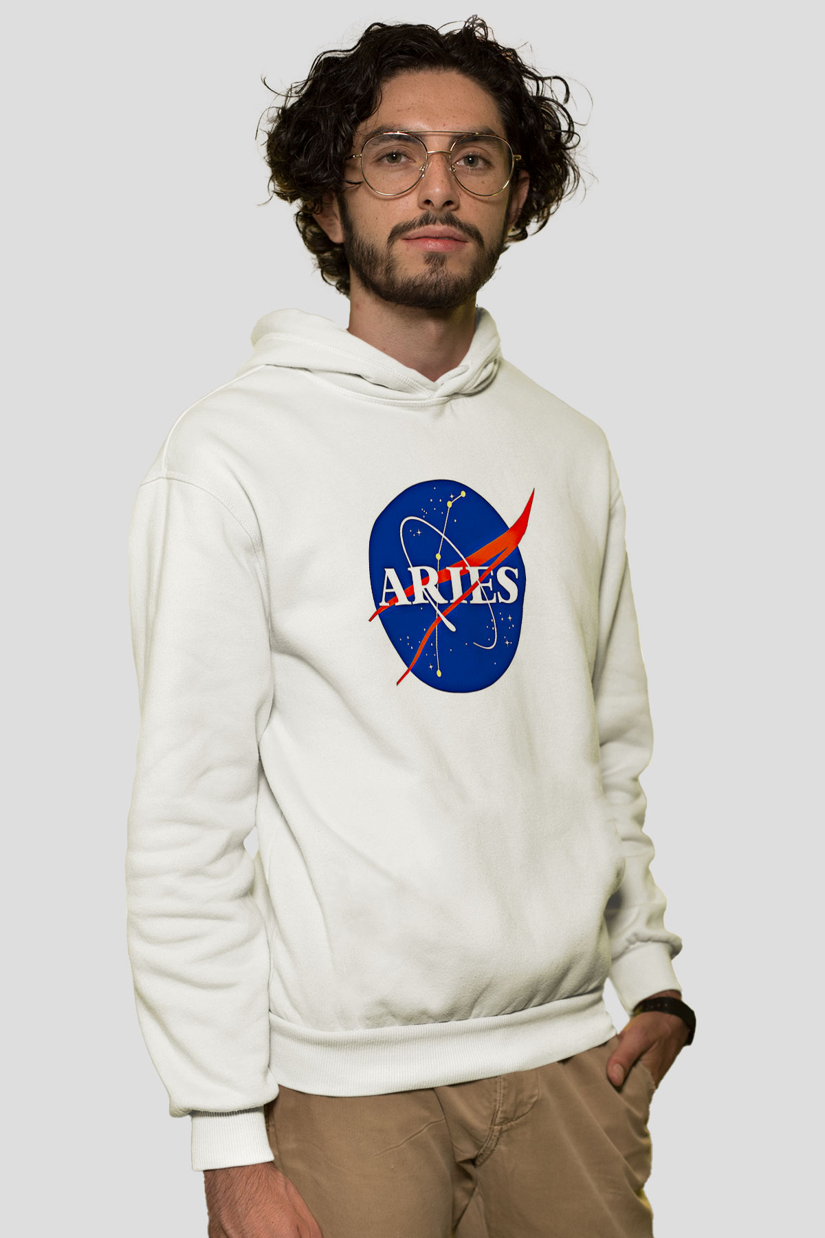 Koç Burcu Baskılı Beyaz Unisex Hoodie