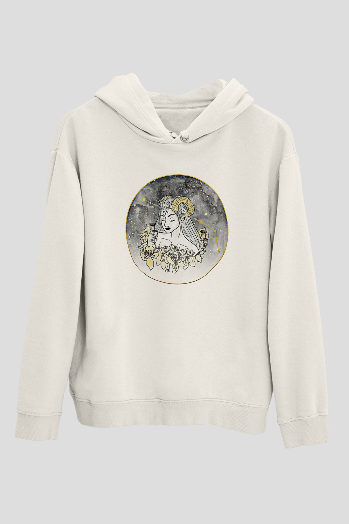 Koç Burcu Baskılı Beyaz Unisex Hoodie