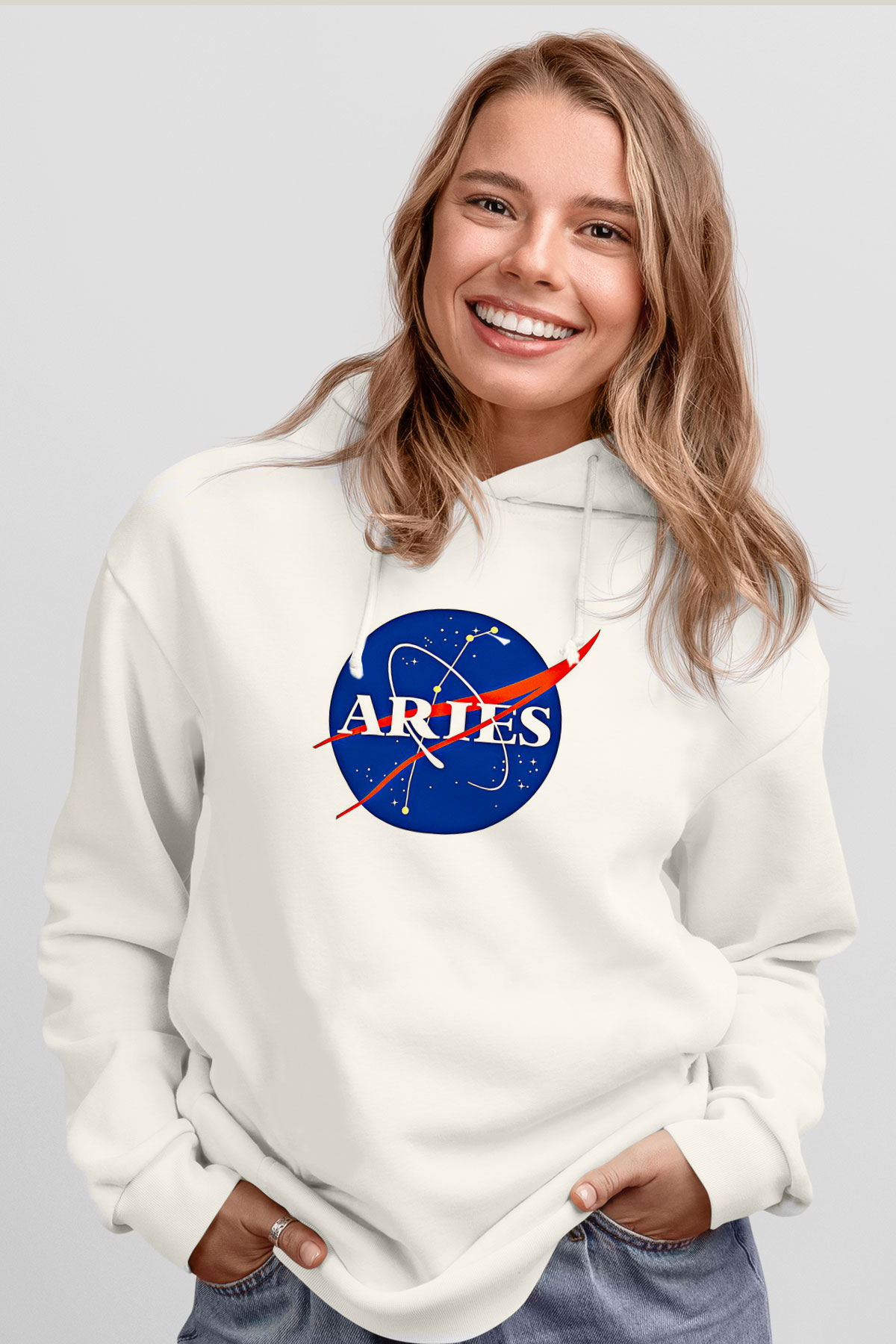 Koç Burcu Baskılı Beyaz Unisex Hoodie