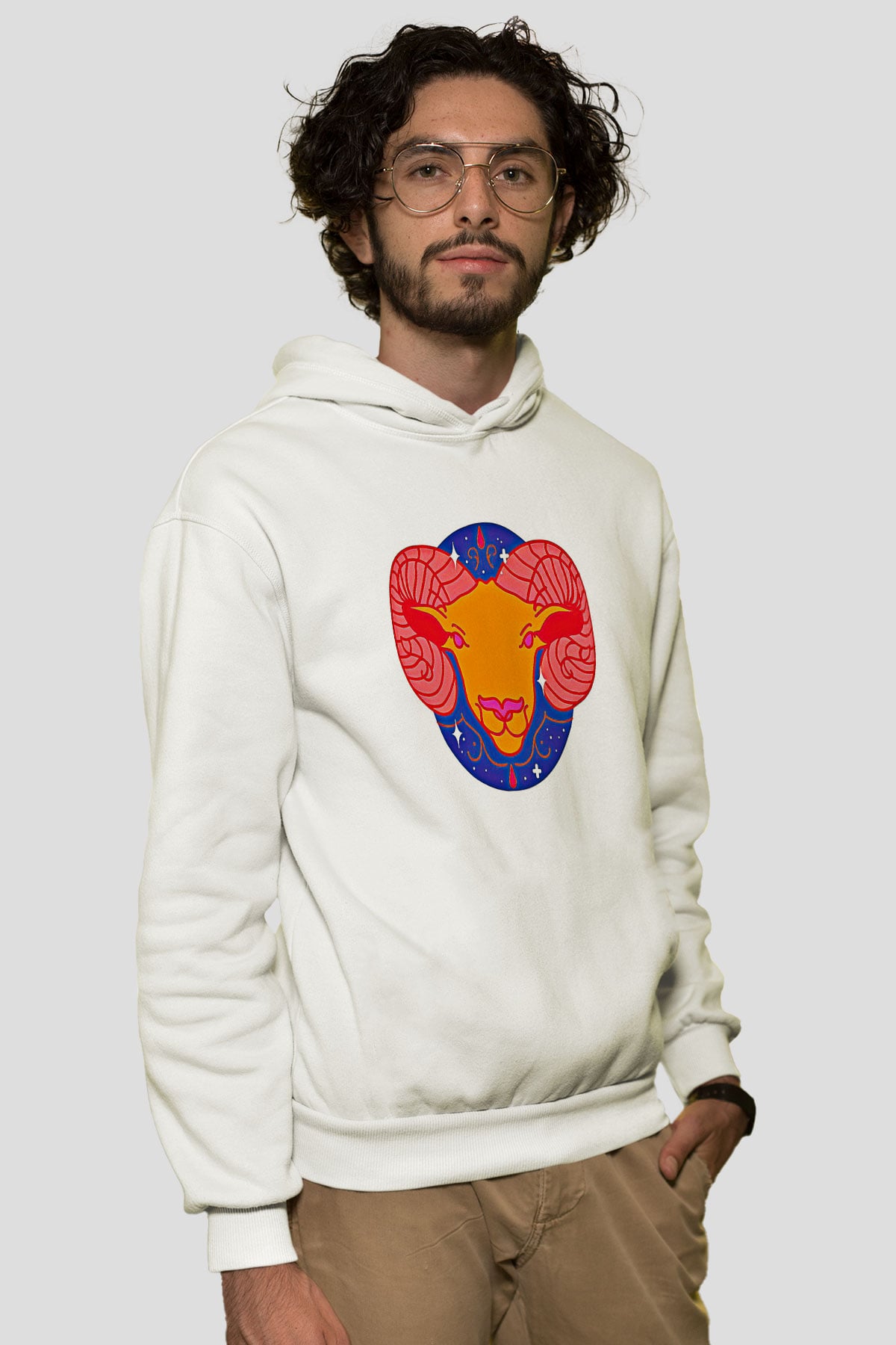 Koç Burcu Baskılı Beyaz Unisex Hoodie