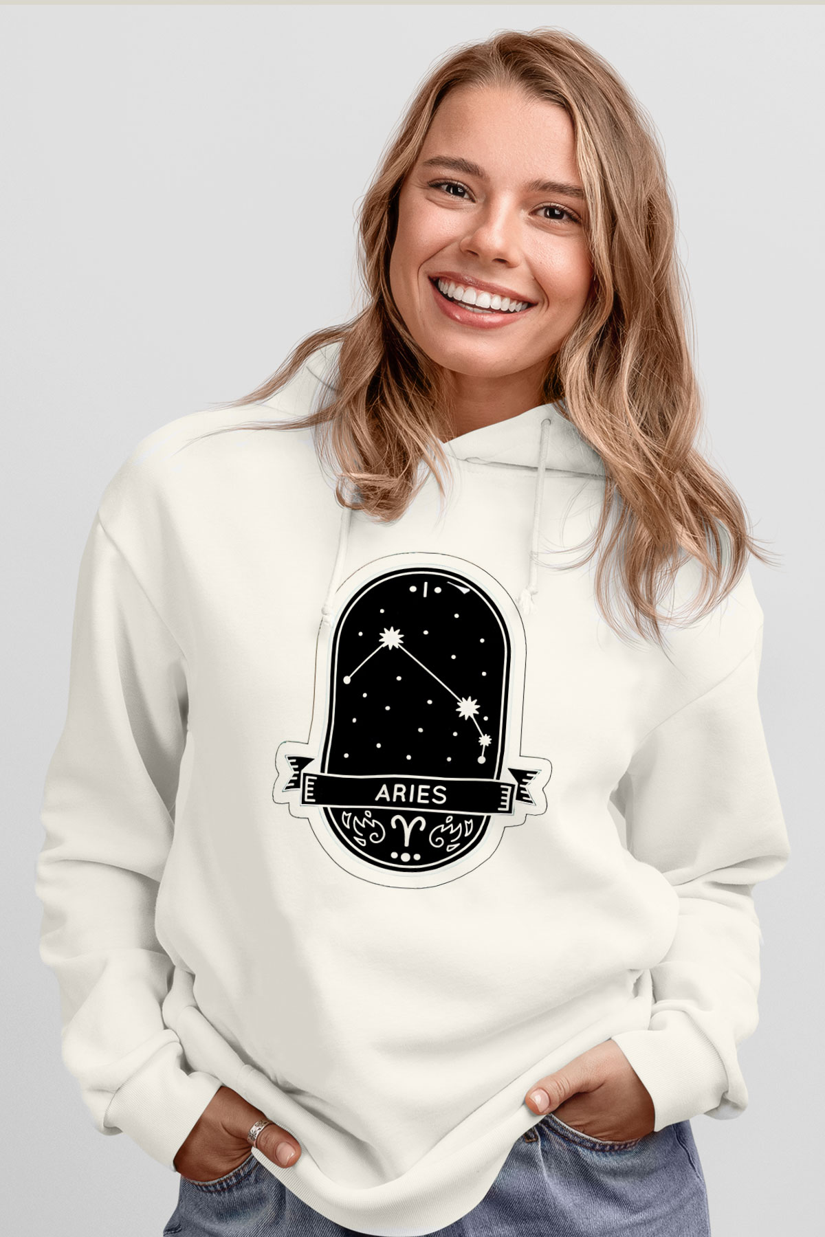 Koç Burcu Baskılı Beyaz Unisex Hoodie