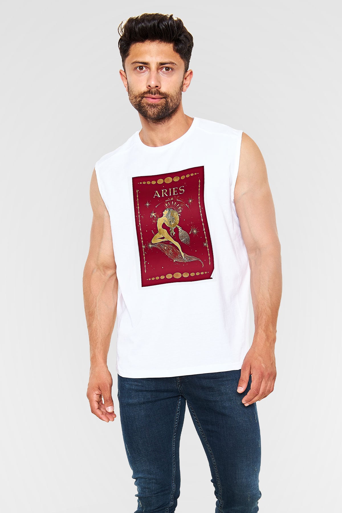 Koç Burcu Baskılı Beyaz Unisex Kolsuz Tişört - Tshirt