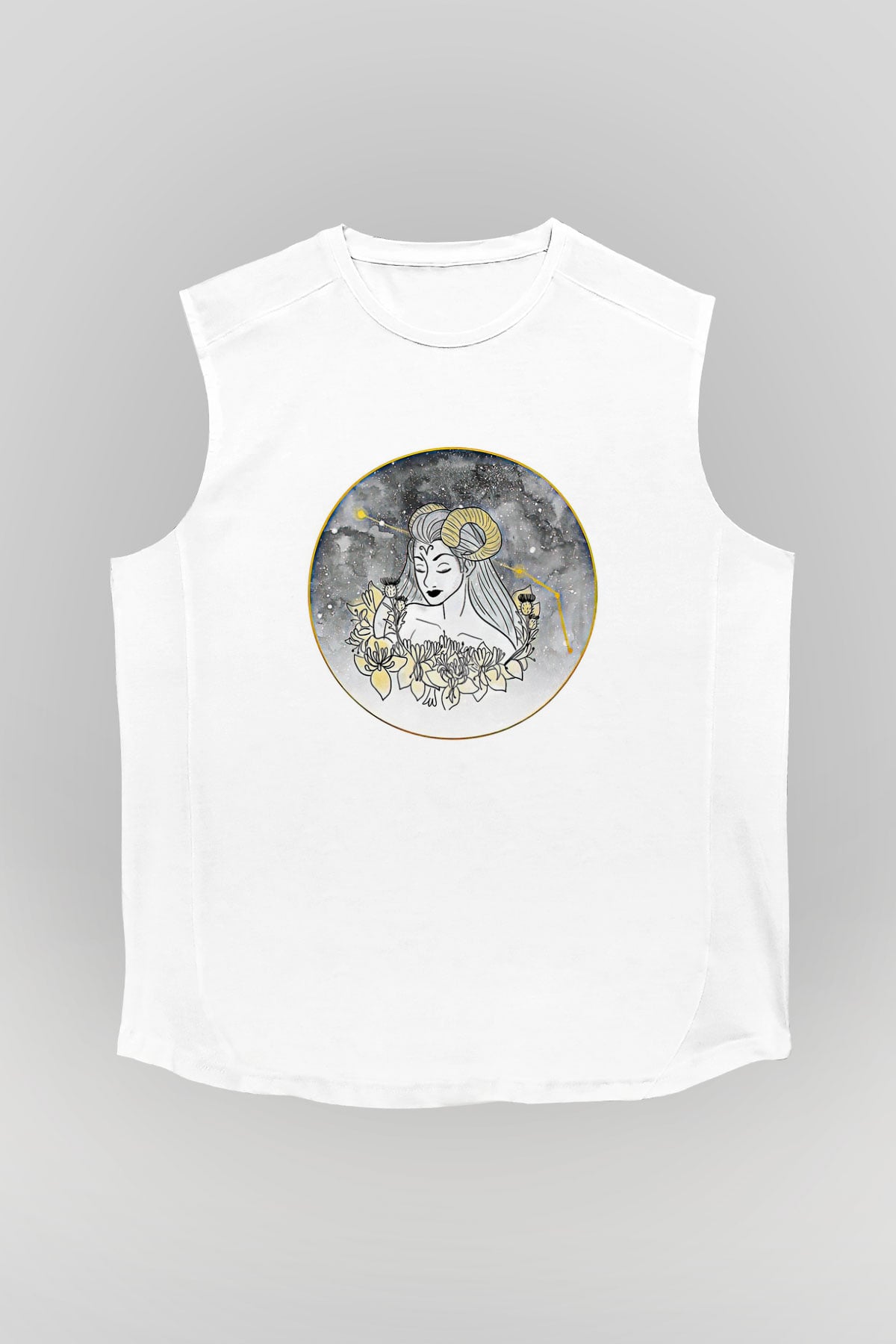Koç Burcu Baskılı Beyaz Unisex Kolsuz Tişört - Tshirt