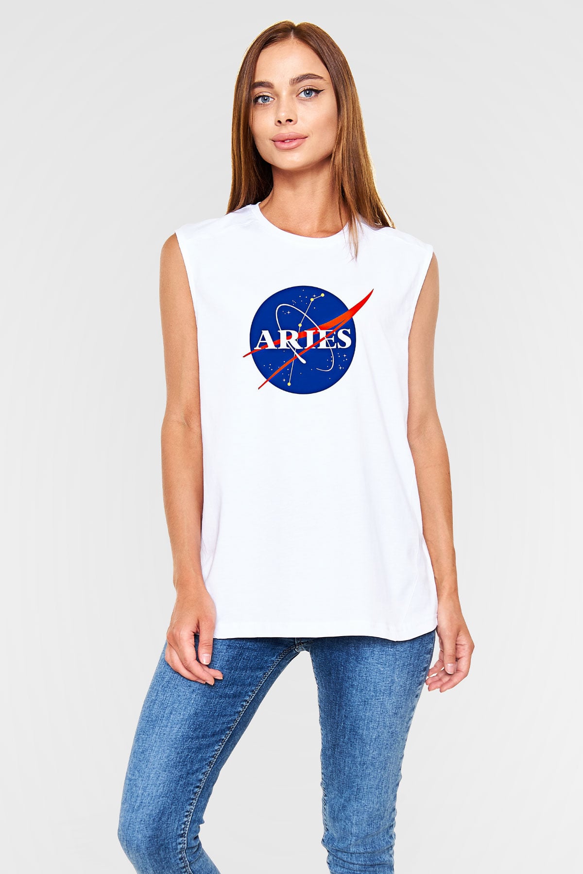 Koç Burcu Baskılı Beyaz Unisex Kolsuz Tişört - Tshirt