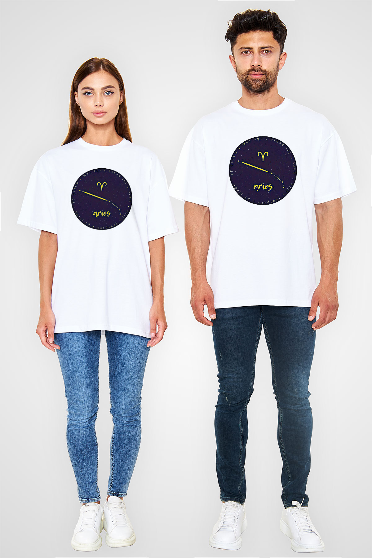 Koç Burcu Baskılı Beyaz Unisex Oversize Tişört - Tshirt