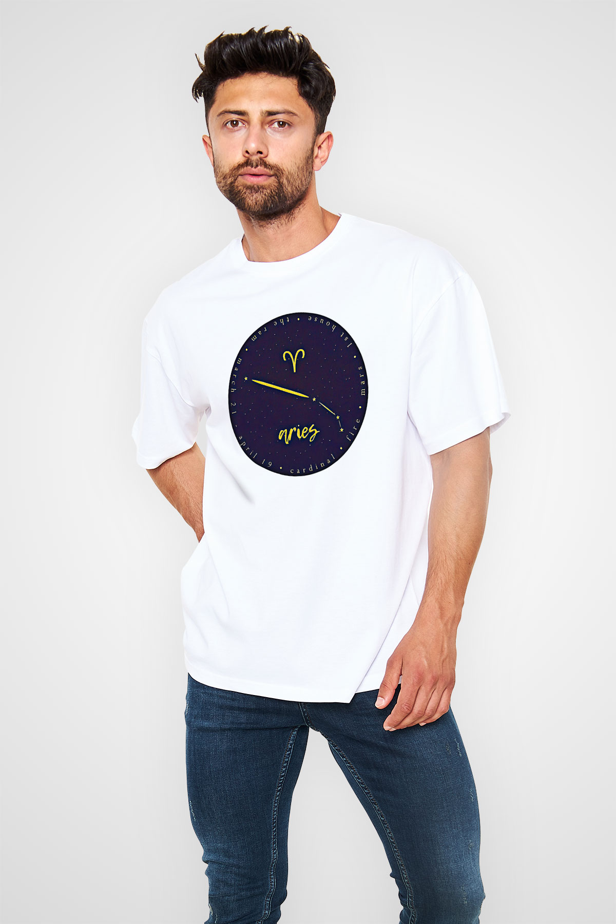 Koç Burcu Baskılı Beyaz Unisex Oversize Tişört - Tshirt