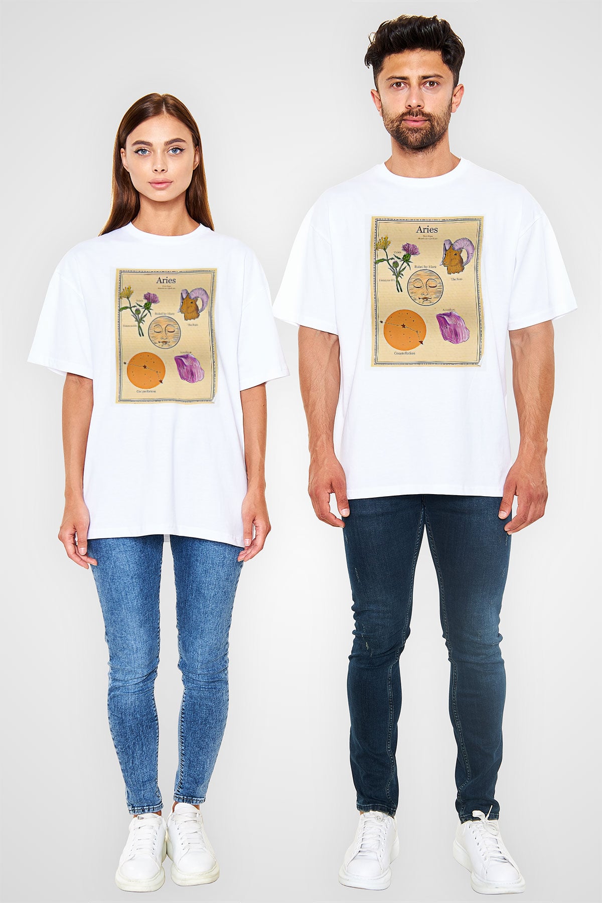 Koç Burcu Baskılı Beyaz Unisex Oversize Tişört - Tshirt