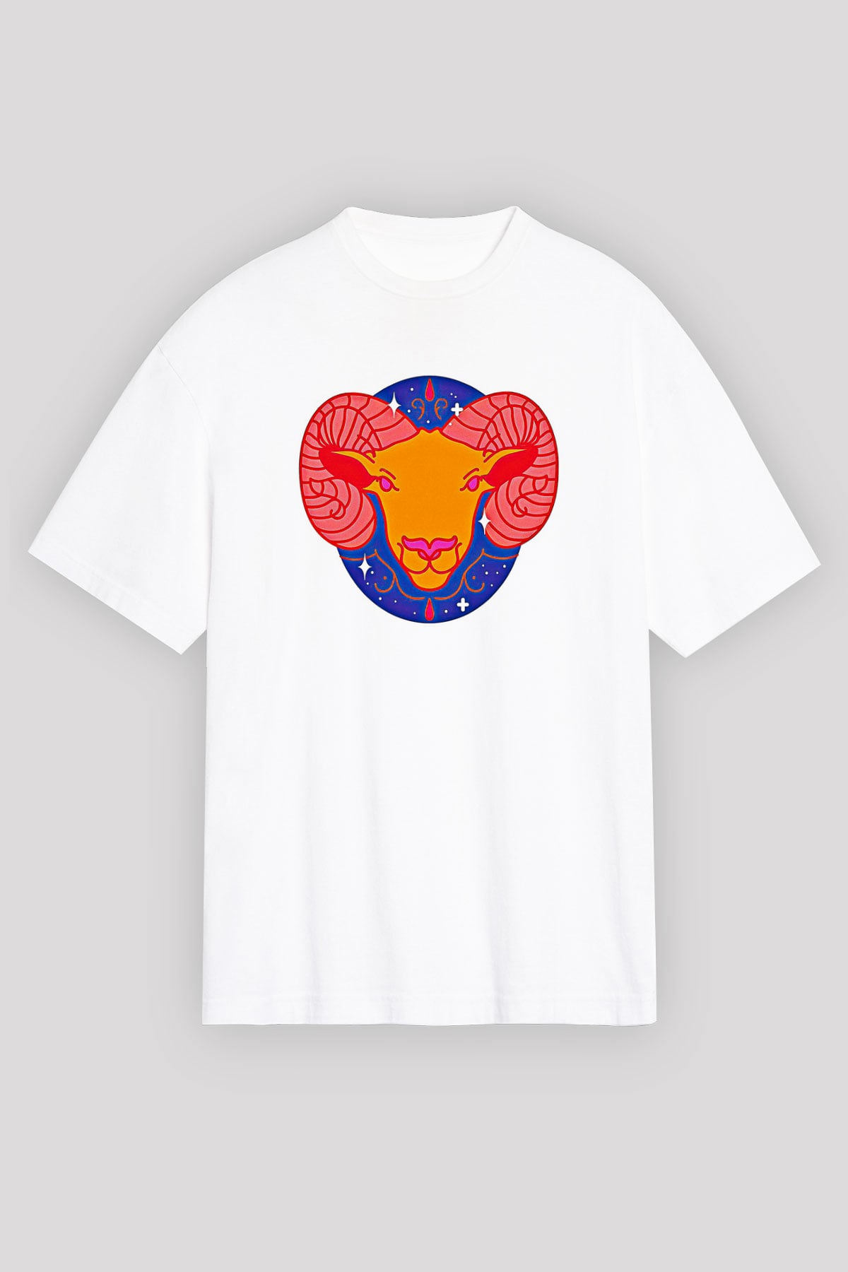 Koç Burcu Baskılı Beyaz Unisex Oversize Tişört - Tshirt
