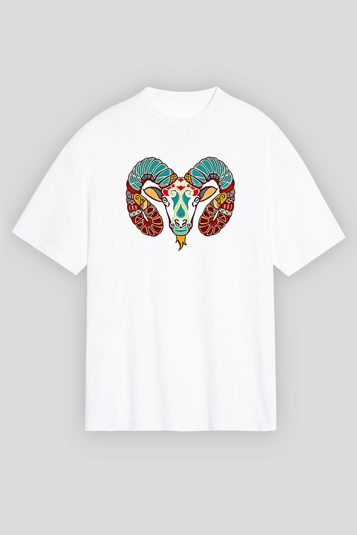 Koç Burcu Baskılı Beyaz Unisex Oversize Tişört - Tshirt