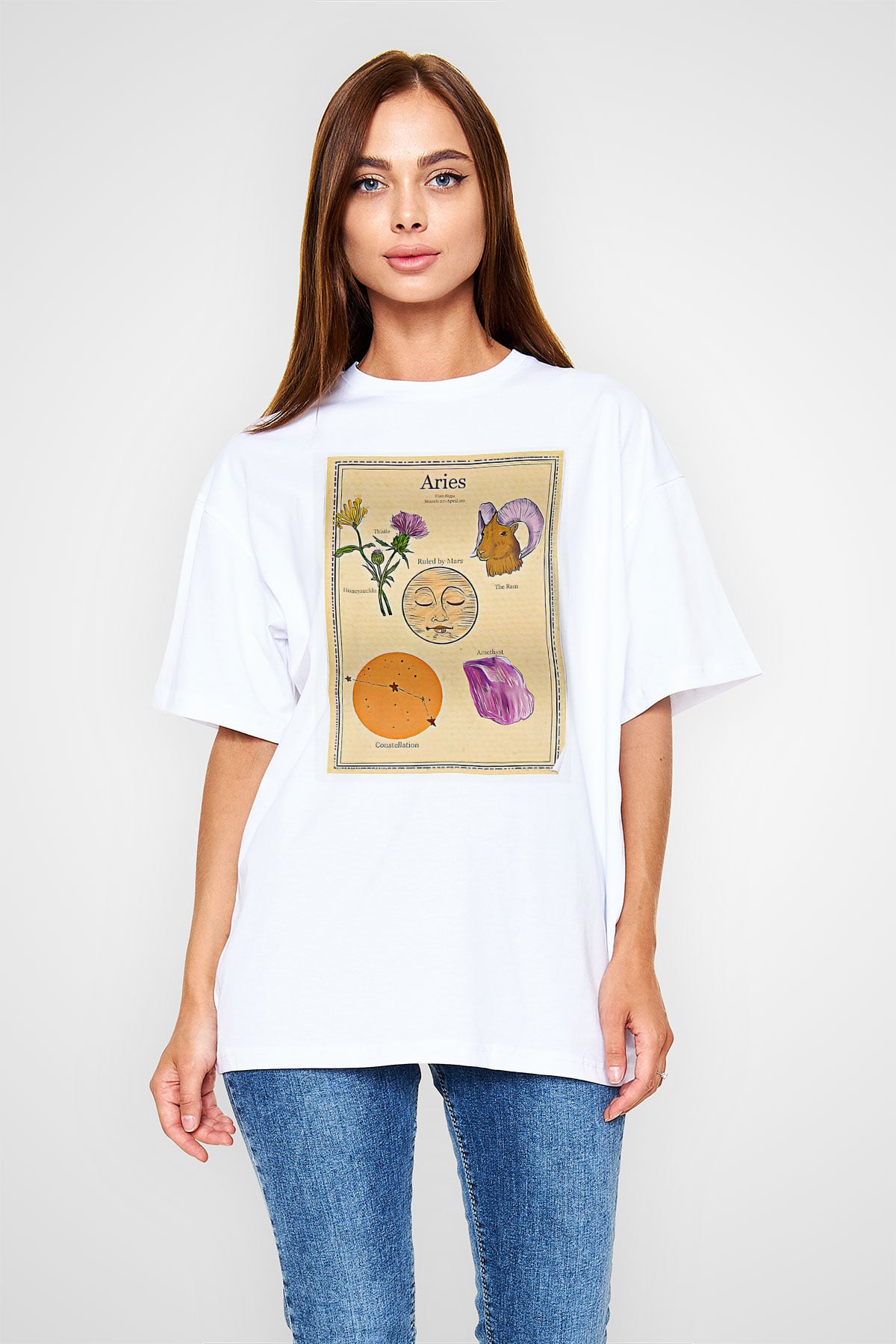 Koç Burcu Baskılı Beyaz Unisex Oversize Tişört - Tshirt