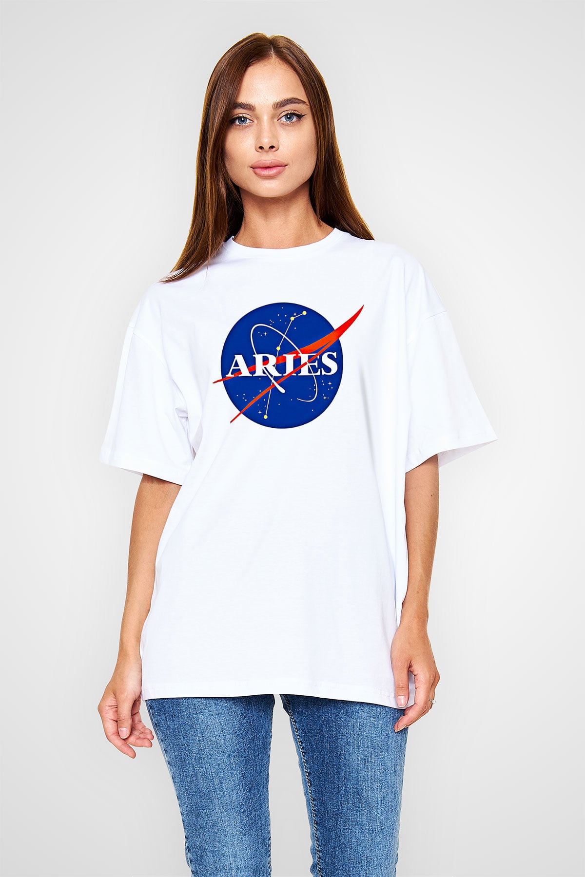 Koç Burcu Baskılı Beyaz Unisex Oversize Tişört - Tshirt