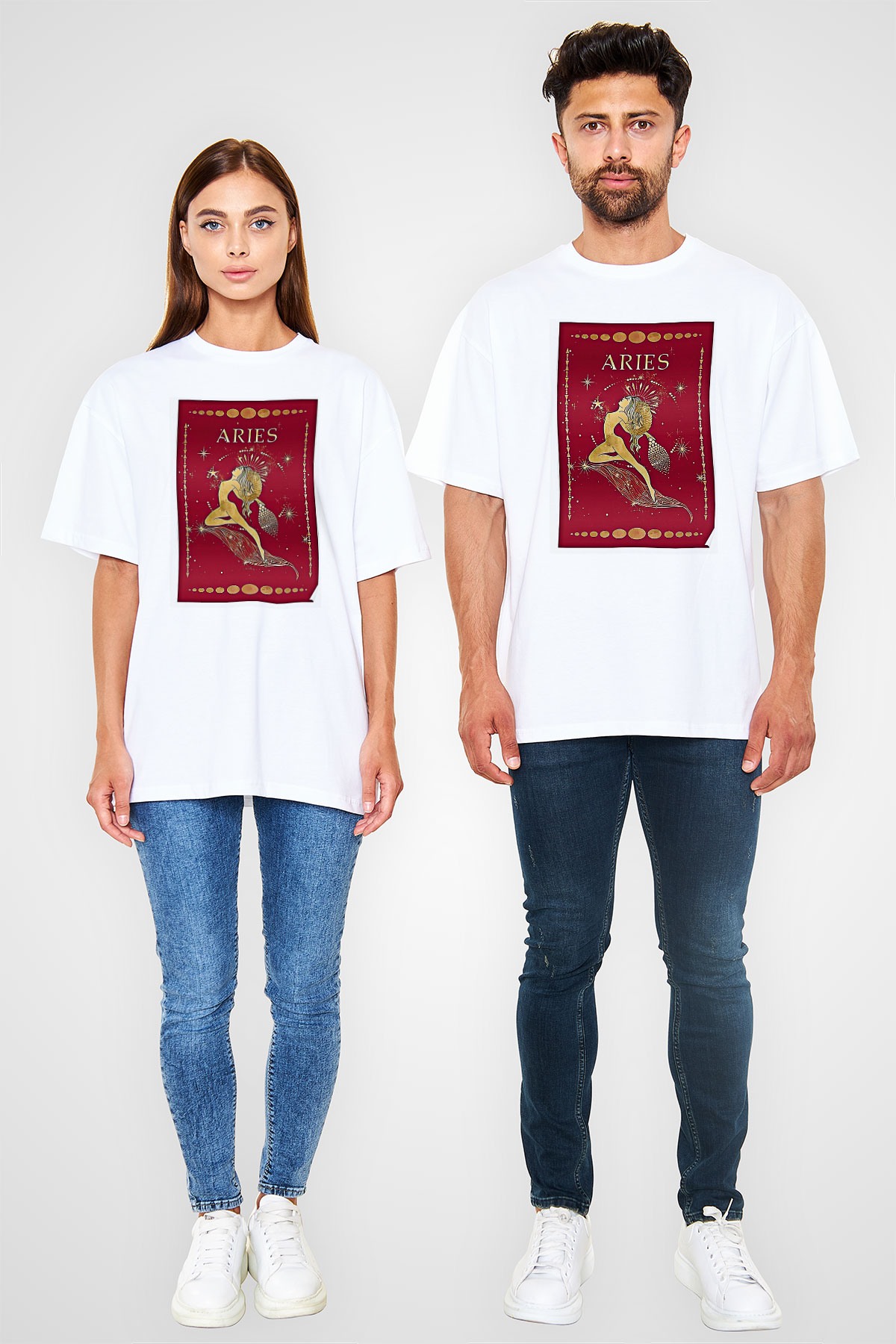 Koç Burcu Baskılı Beyaz Unisex Oversize Tişört - Tshirt