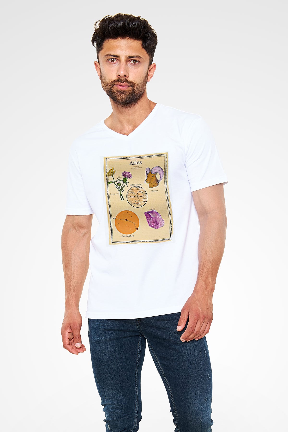 Koç Burcu Baskılı Beyaz Unisex V Yaka Tişört - Tshirt