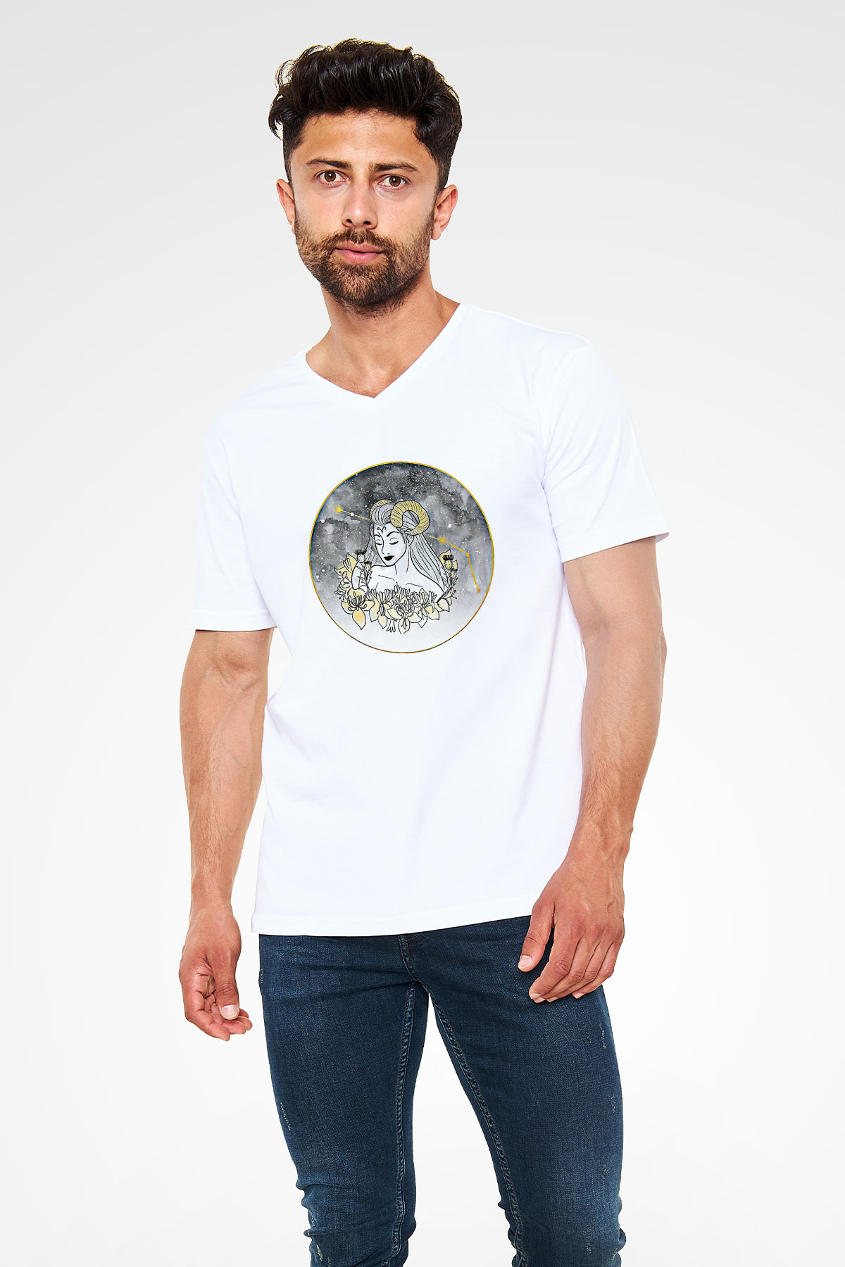 Koç Burcu Baskılı Beyaz Unisex V Yaka Tişört - Tshirt