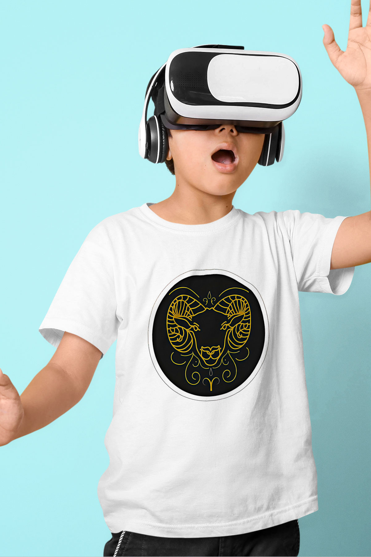 Koç Burcu Baskılı Unisex Siyah Çocuk Tişört - Tshirt