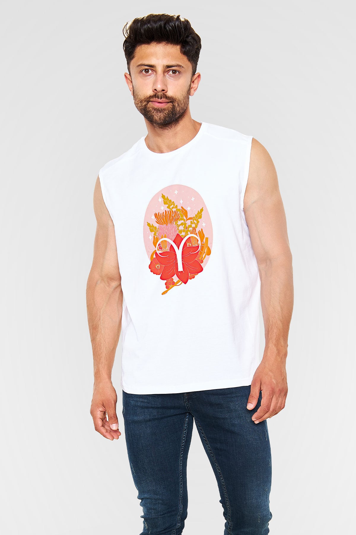 Koç Burcu Baskılı Unisex Siyah Kolsuz Tişört - Tshirt
